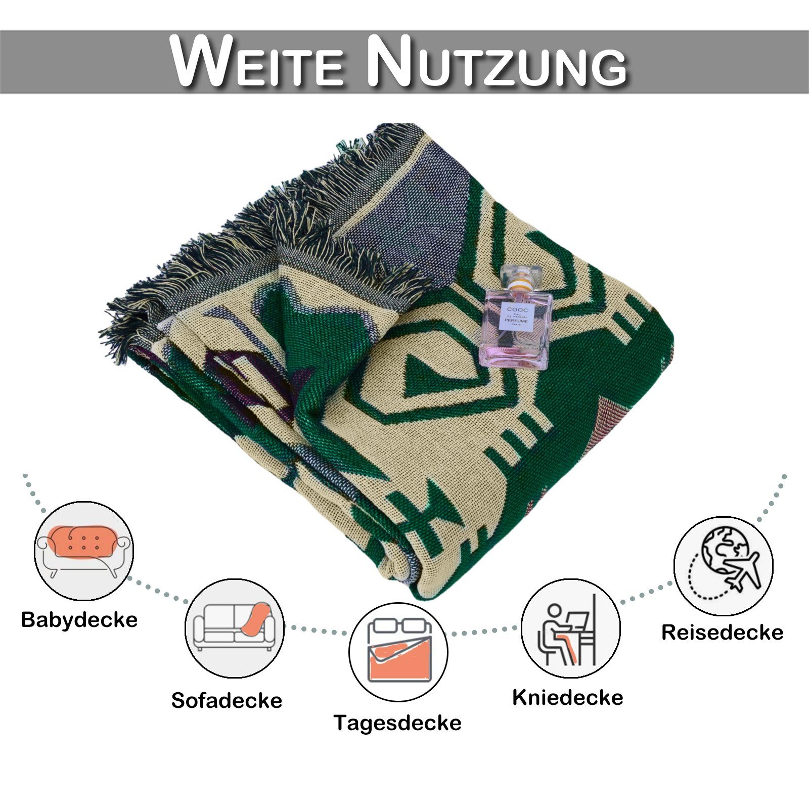 Wolldecke Wohndecke Strickdecke Doppelseitig Boho-Decke, Fransen, BTTO, 180*180/180*230/180*300cm für Bett Sofa und Couch