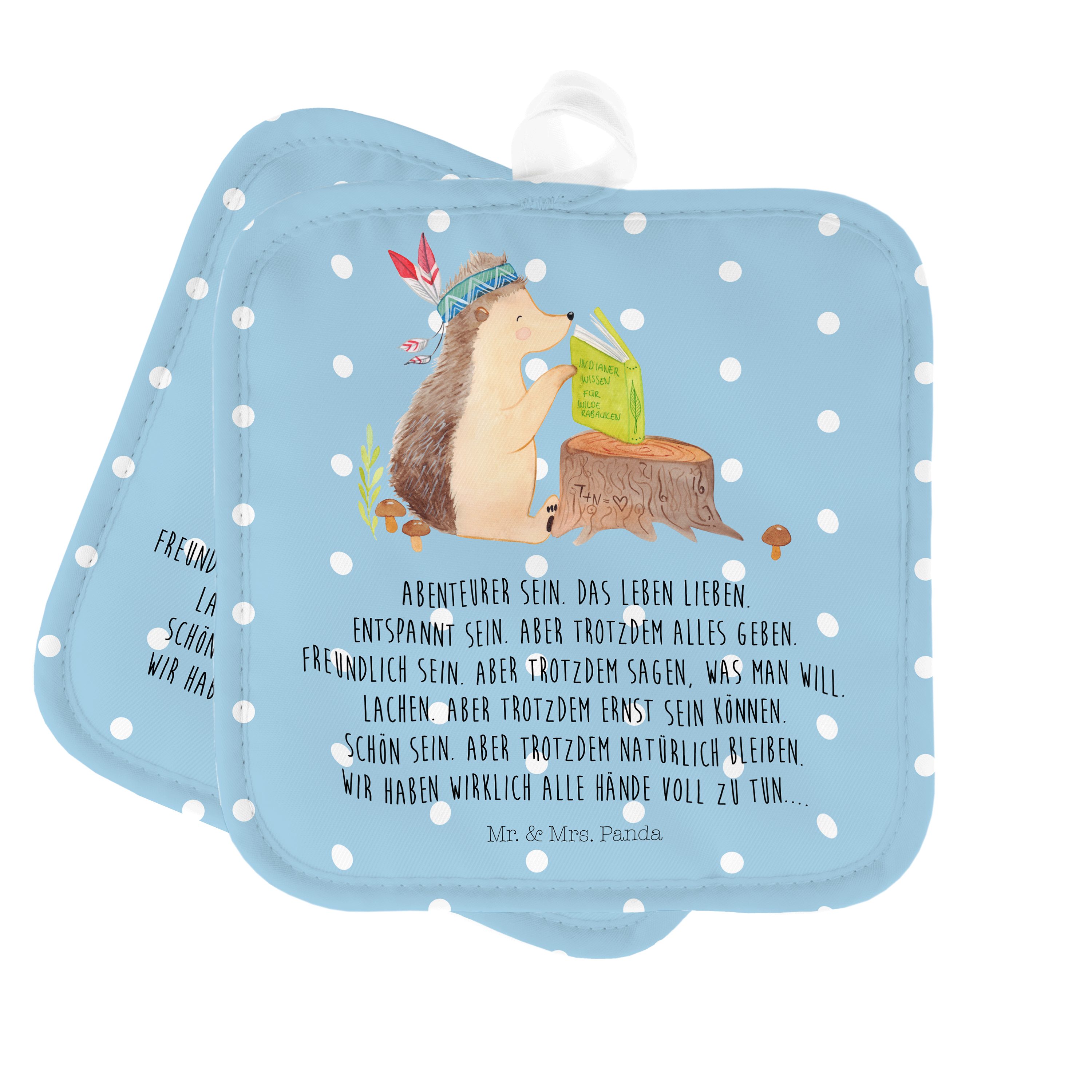 Mr. & Mrs. Panda - Geschenk, Pastell mit Topflappe, Tiere, Blau Topflappen Federkopfschmuck Igel - (1-tlg)