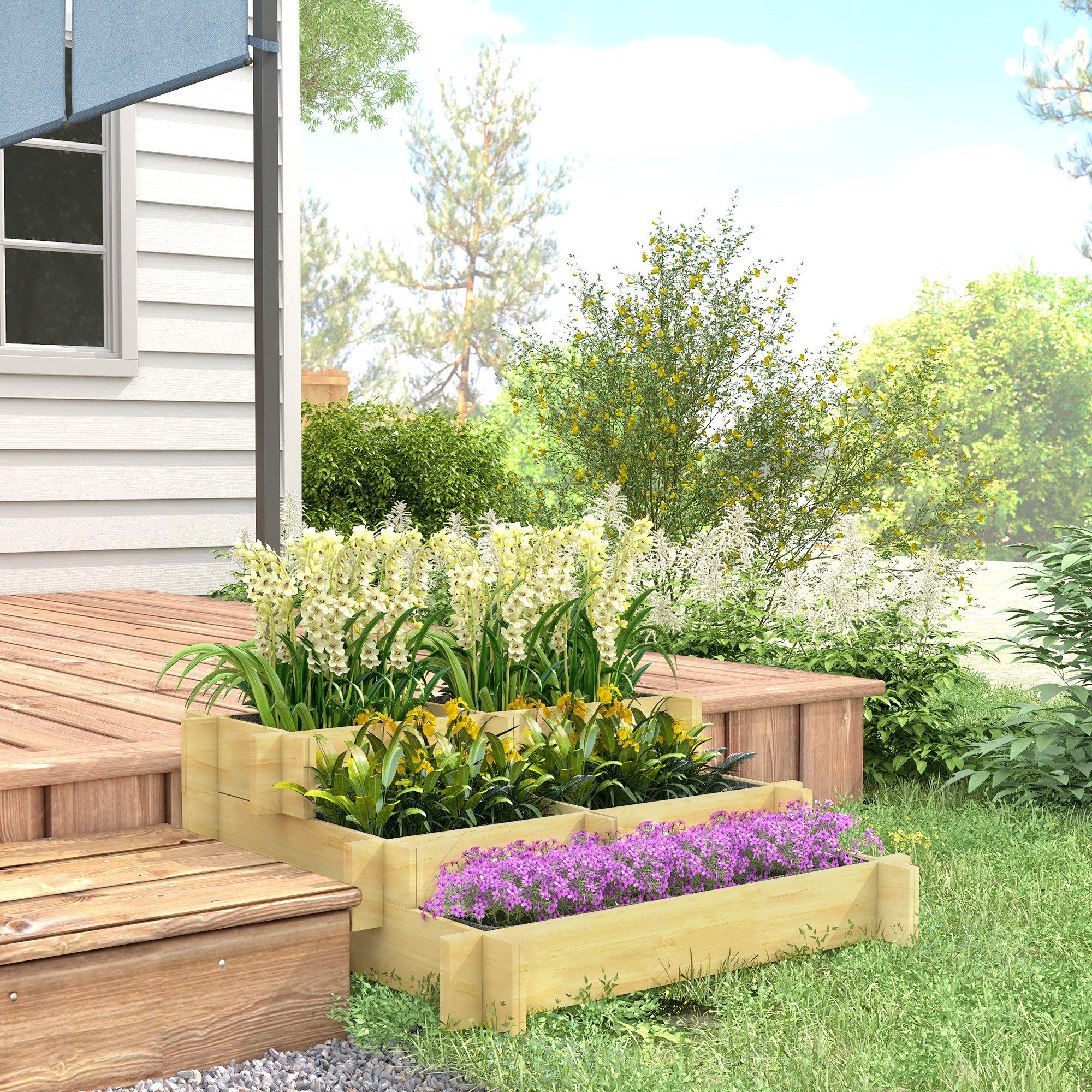 Outsunny Hochbeet Frühbeet mit Stoffauskleidung, Gartenbeet 93x93x35cm (Pflanzbeet, 1 St., Blumentreppe), für Garten, Balkon, Naturholz