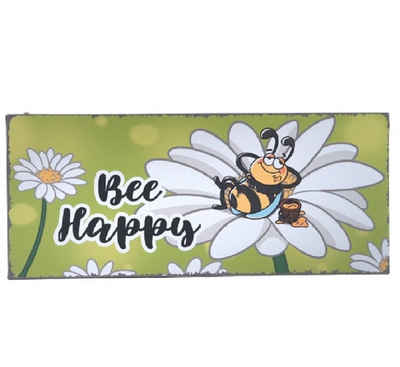 Linoows Metallschild Blechschild, Wandschild Bee Happy, Lustiges Schild, Lustiges Schild aus Blech mit Biene 13x31 cm