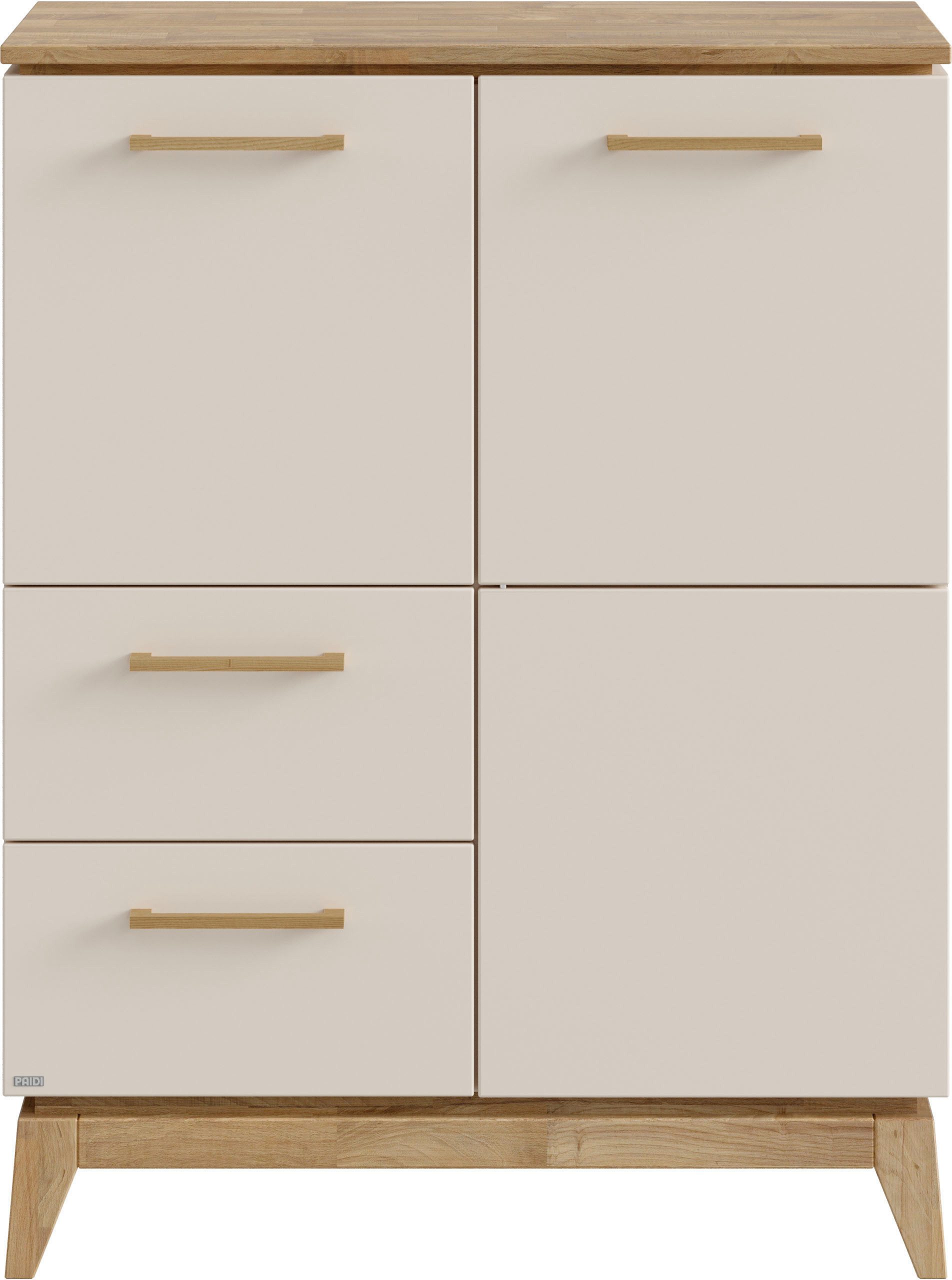 PAIDI Highboard STIENE in Beige oder Grau, 2 Schubladen und 2 Türen mit Soft-Close (B/H/T ca. 95/123/40cm), stabiles Regal mit Massivholz, Standregal, geprüfte Qualität