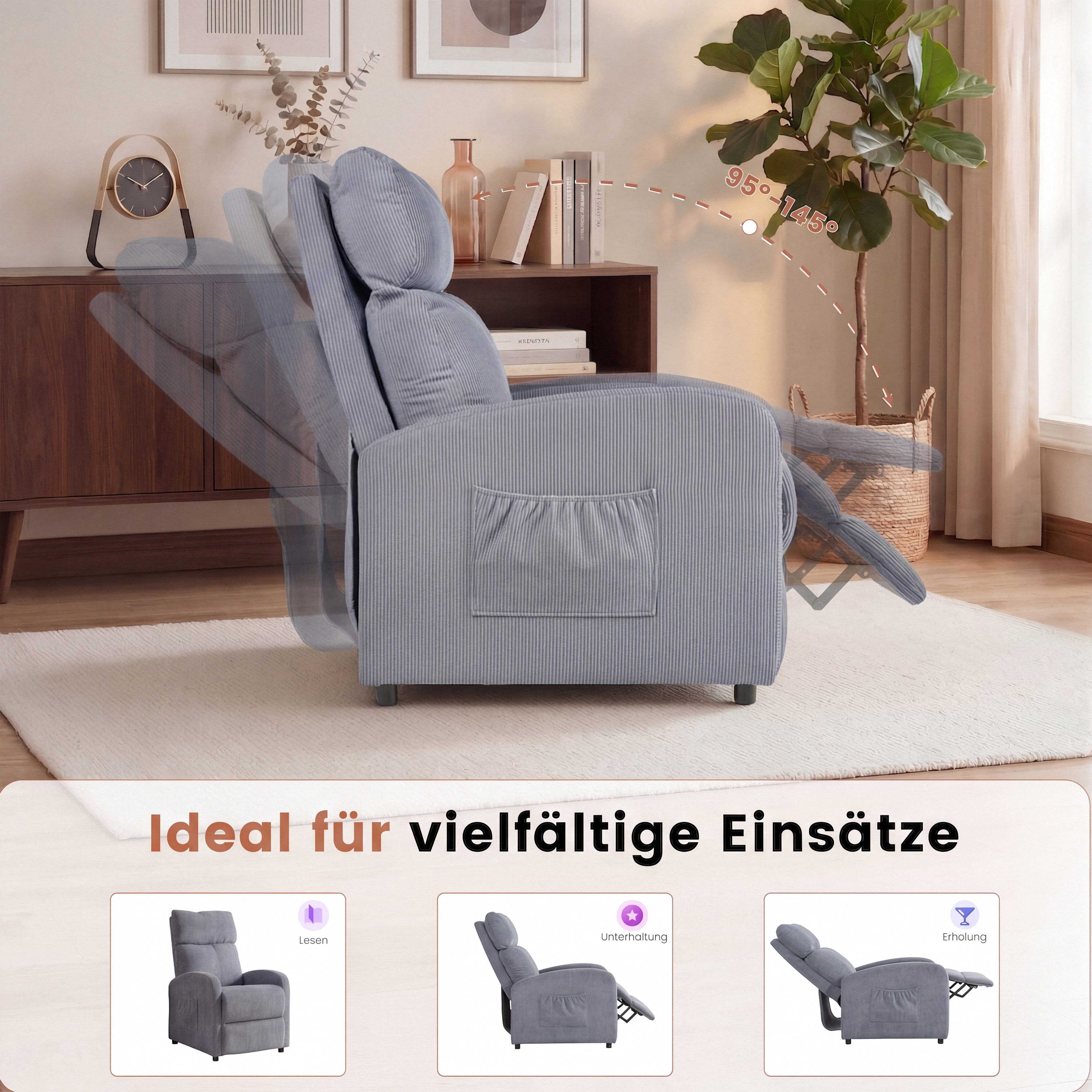 oyajia Relaxsessel Ergonomischer Liegesessel mit Relaxfunktion (verstellbare Rückenlehne & Seitentasche für mehr Funktion, Cordstoff), Fernsehsessel, bis 150 kg – Bild 4 von 5