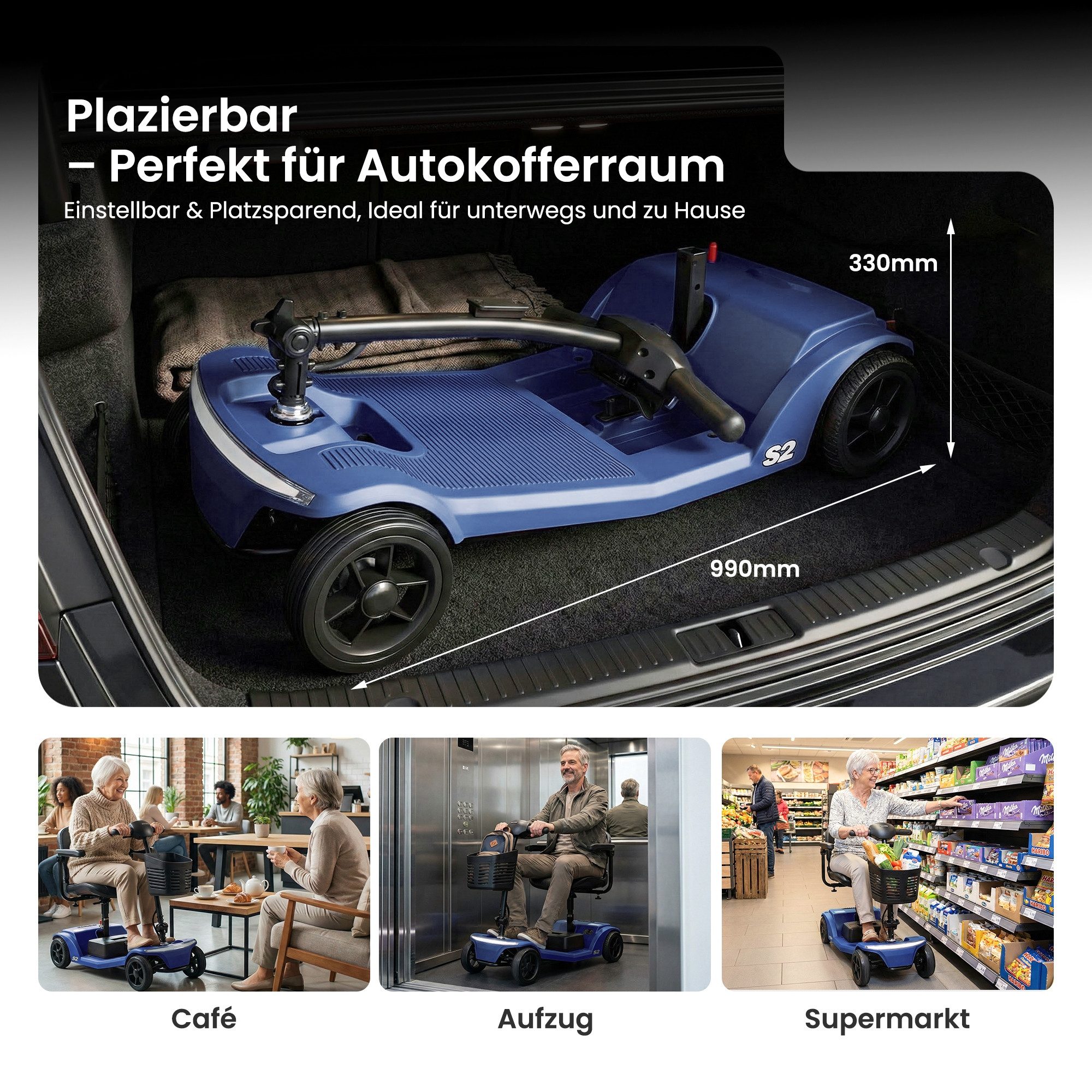 LVHOM Elektromobil faltbar Seniorenmobil, 4-Rad-Elektroroller, Rw. 25km, 12Ah, 250 W, 6 km/h, (abnehmbar Blei-Säure-Ionen Batterie + Handy-Ladeanschluss + vorderer Aufbewahrungskorb + abnehmbar/atmungsaktiv/höhenverstellbarer Sitz + verstellbarer Lenker + XXL-Fußraum), 136 kg Tr.Kr. Gesamtgewicht: 37kg