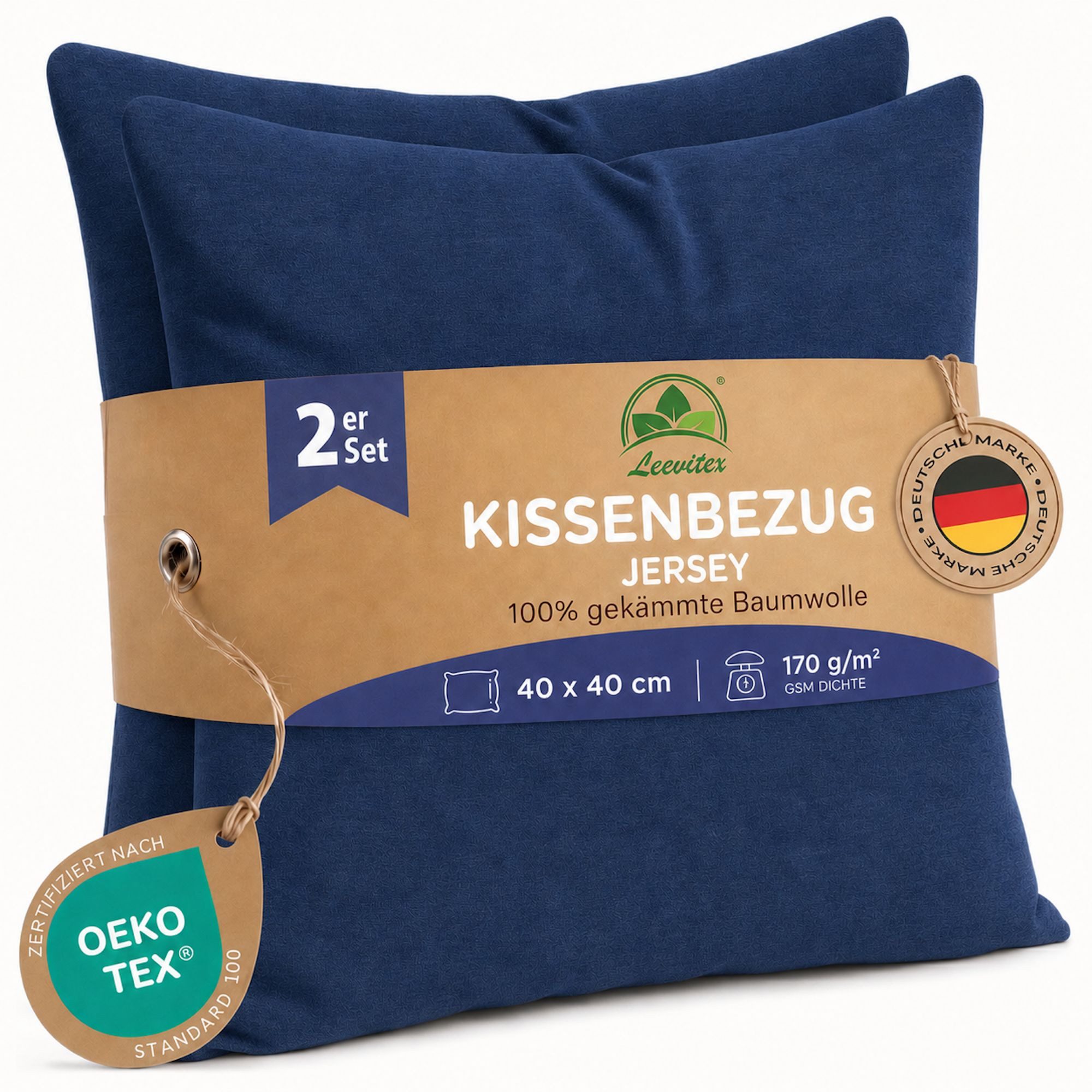 leevitex® Kissenbezüge Kissenbezug 40 x 40 cm, 2er Set, Navyblau/Marine, (2 Stück), feine Jersey-Qualität, 100% Baumwolle, robuster Reißverschluss