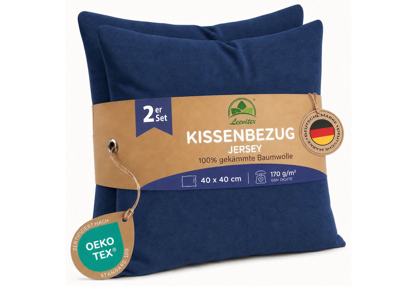 leevitex® Kissenbezüge Kissenbezug 40 x 40 cm, 2er Set, Navyblau/Marine, (2 Stück), feine Jersey-Qualität, 100% Baumwolle, robuster Reißverschluss