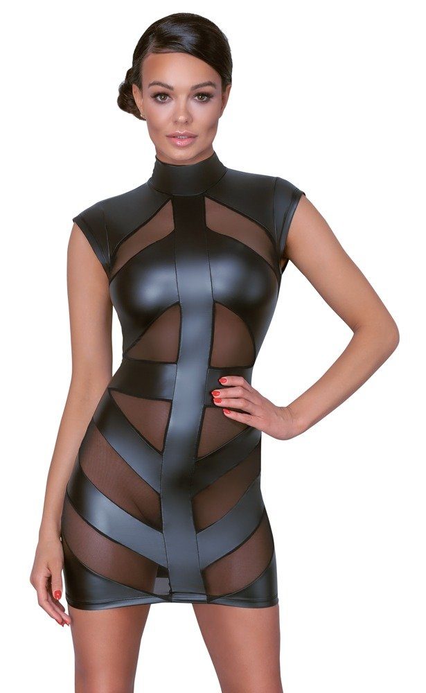 Minikleid Wetlook Kleid mit transparenten Streifen - schwarz