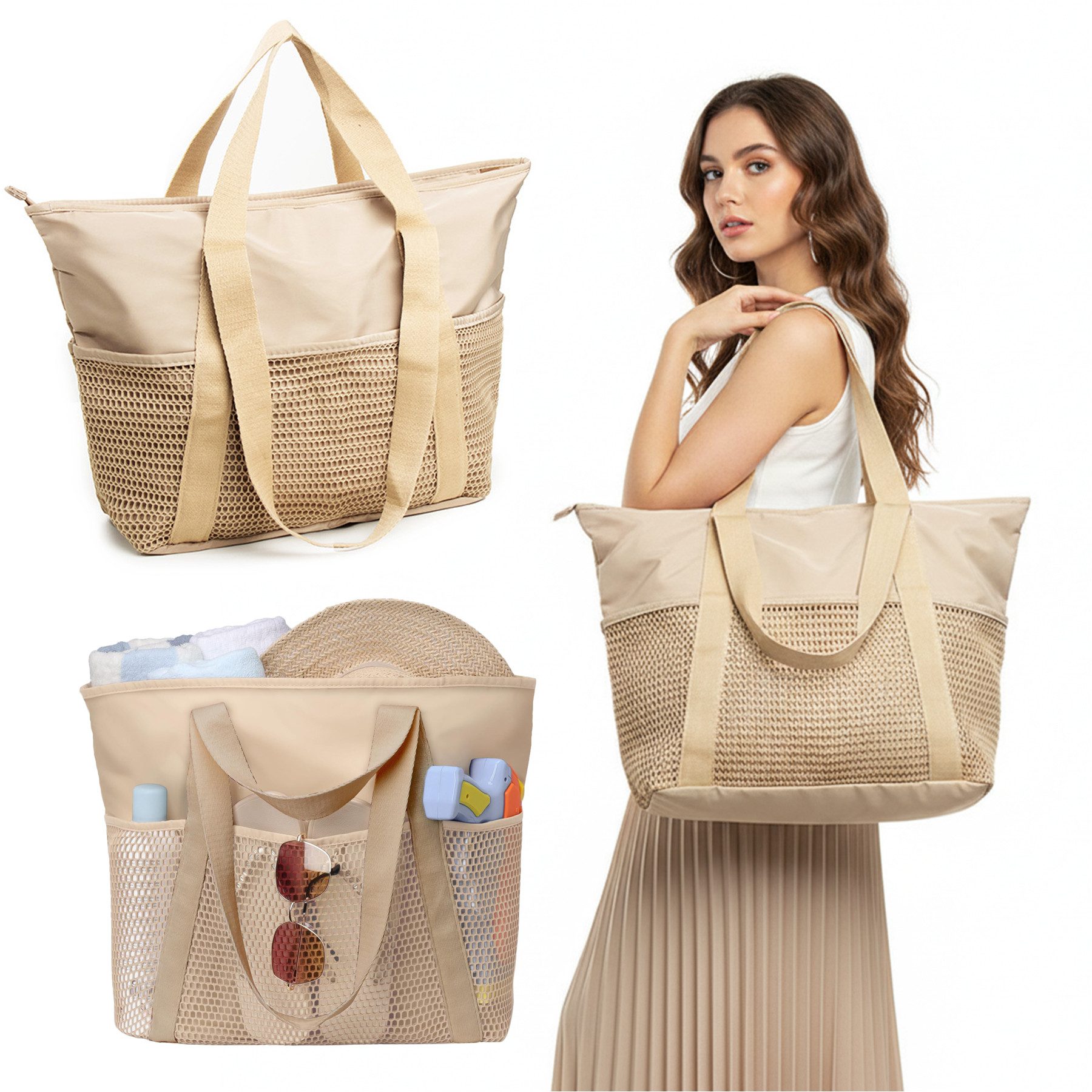 Mutig Strandtasche Strandtasche XL Familie,Groß Strandtasche reisetasche damen shopper (handtaschen damen groß mit Reißverschluss Wasserdicht Sanddicht, schwimmtasche, Umhängetasche Damen, 30L, Faltbar, Ultraleicht, Badetasche), für Urlaub Reisen Fitnessstudio Picknick & Familie