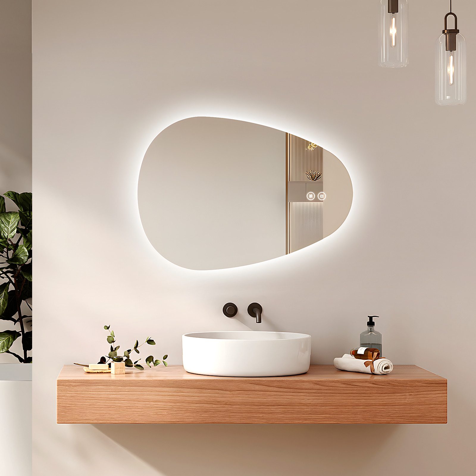EMKE Badspiegel mit Beleuchtung Wandspiegel asymmetrisch Lichtspiegel Tropfenform, Touchschalter 3 Lichtfarben einstellbare Helligkeit Antibeschlag IP44