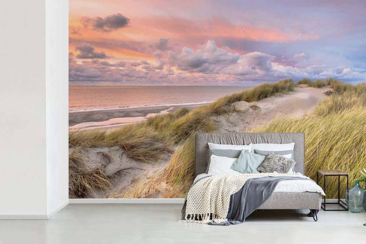 MuchoWow Fototapete Strand - Meer bedruckt, Wallpaper Kinderzimmer, Düne Schlafzimmer, (6 für - Tapete Vinyl Matt, Wohnzimmer, - St), Sonnenuntergang
