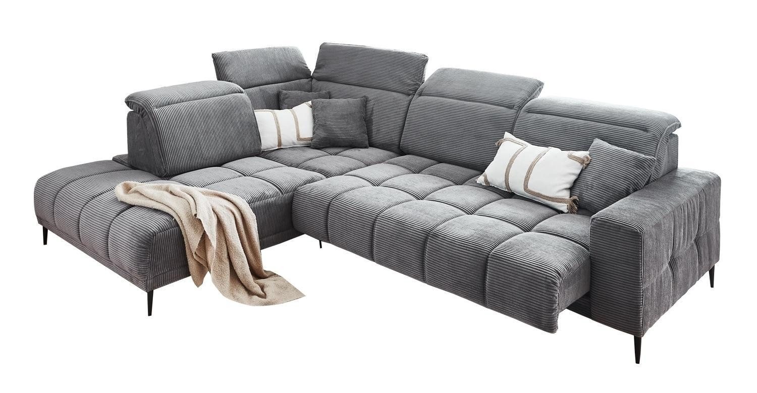 Iwaniccy Ecksofa LIVORNO, B 317 x T 234 cm, Dunkelgrau, Cord, elektr. Sitztiefenverstellung, 5 Kopfteilverstellungen