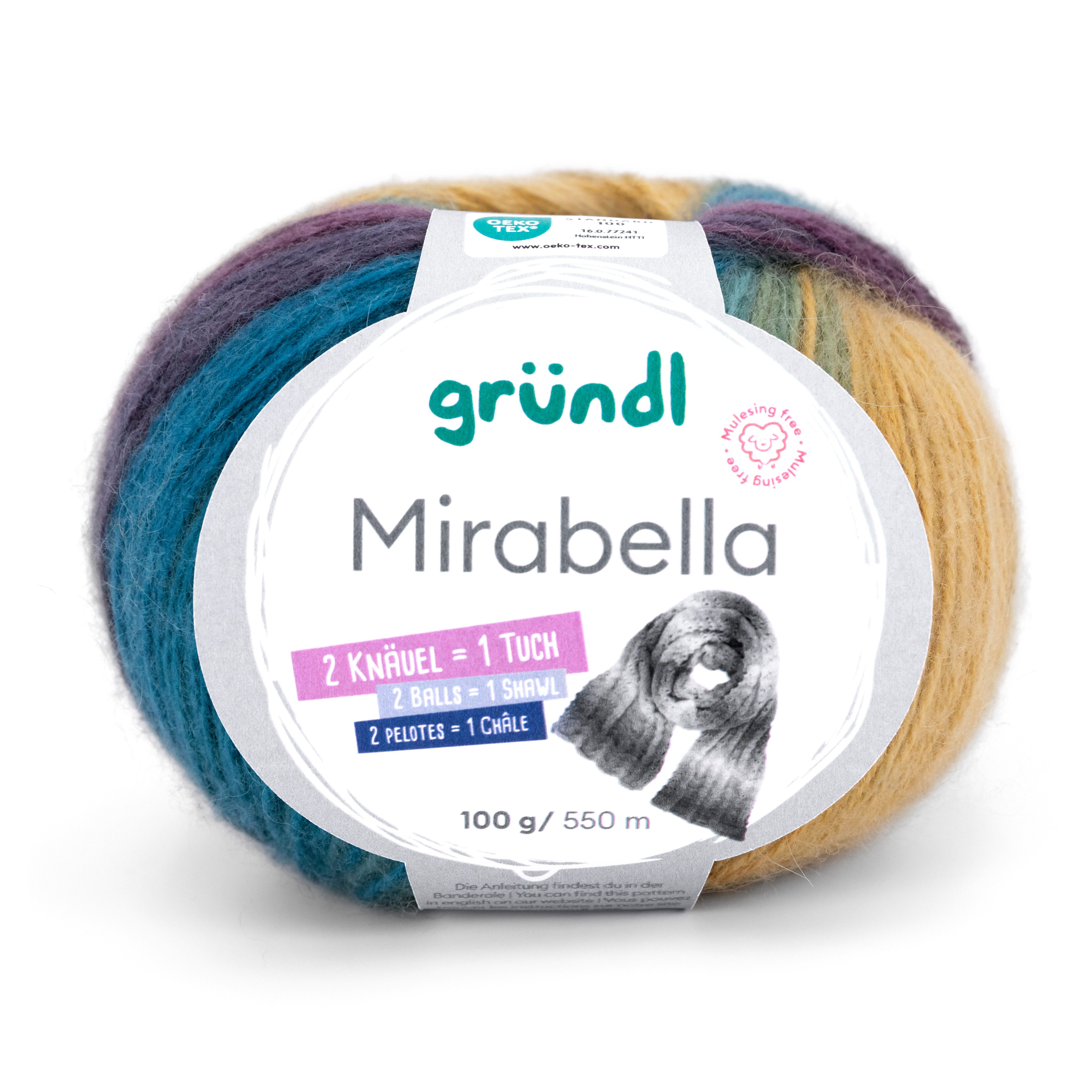 Gründl Wolle Mirabella Farbverlaufsgarn mit Anleitung Häkelwolle, 550,00 m (Wolle Farbverlaufswolle zum Stricken und Häkeln, Strickwolle, Strickgarn, Handstrickgarn), 80% Polyacryl, 20% Wolle
