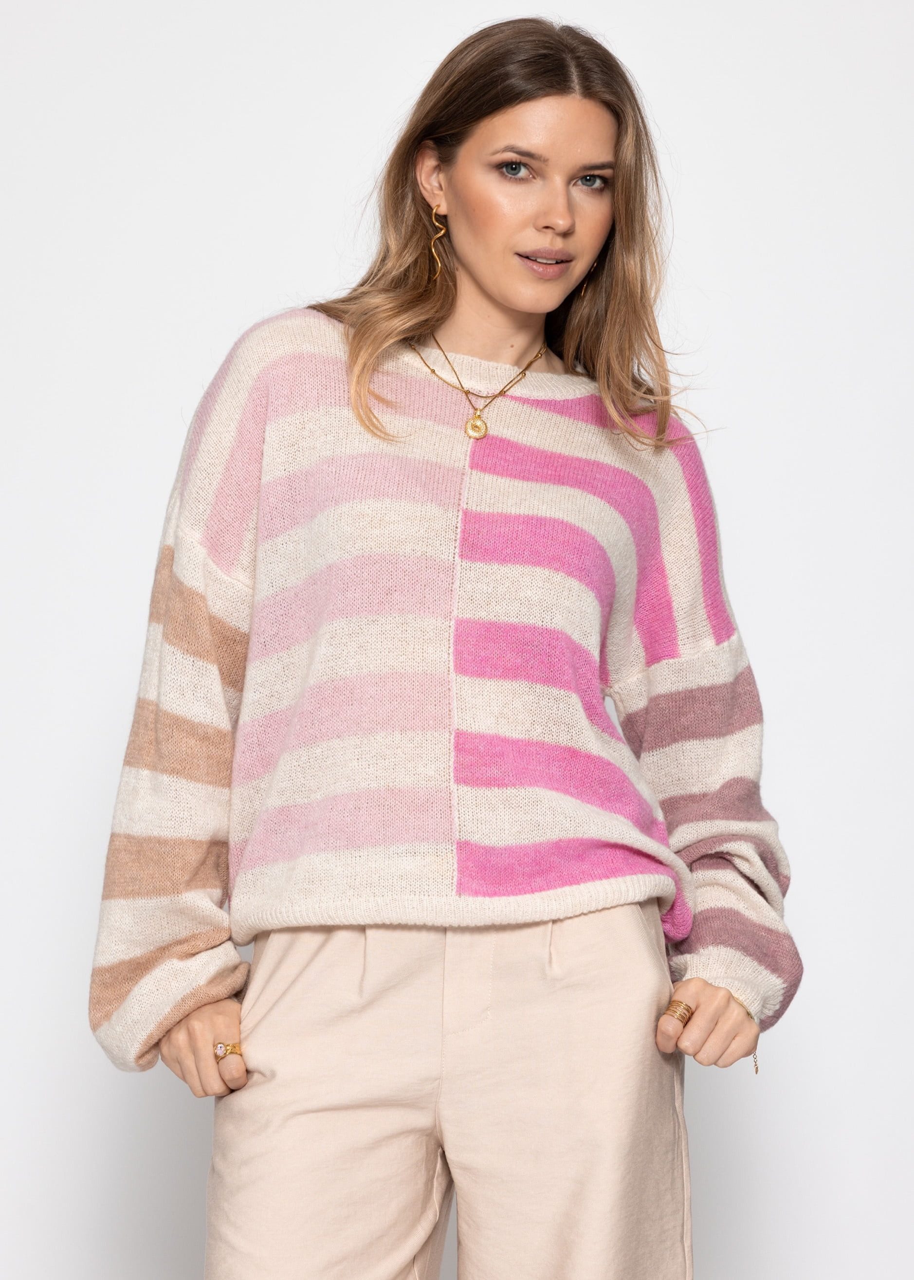 SASSYCLASSY Strickpullover Feinstrickpullover mit Streifenmuster Damen Mehrfarbiger Pullover mit langen Ärmeln im lockeren Schnitt Rosa