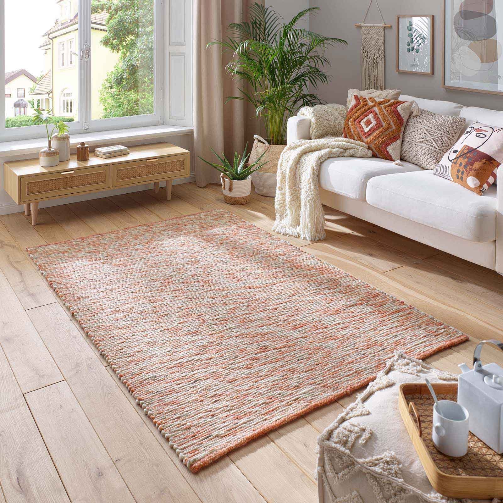 TaraCarpet Wollteppich TaraCarpet Elmstein handgewebter Schurwollteppich aus gewalkter Wolle, rechteckig, Höhe: 9 mm, Handgewebt Teppich rot gestreift Wohnzimmer Schlafzimmer 070x130 cm