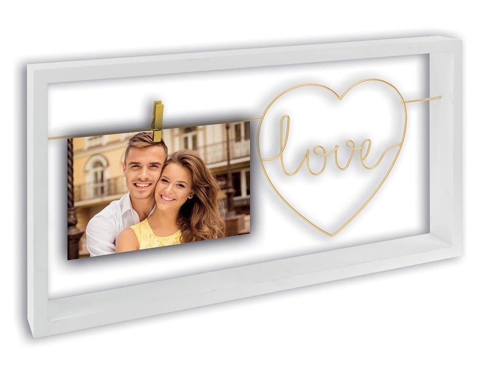 matches21 HOME & HOBBY Bilderrahmen Rahmen mit Schnur Fotoclip Metallherz LOVE Bilder weiß 10x15 cm, (1 St)