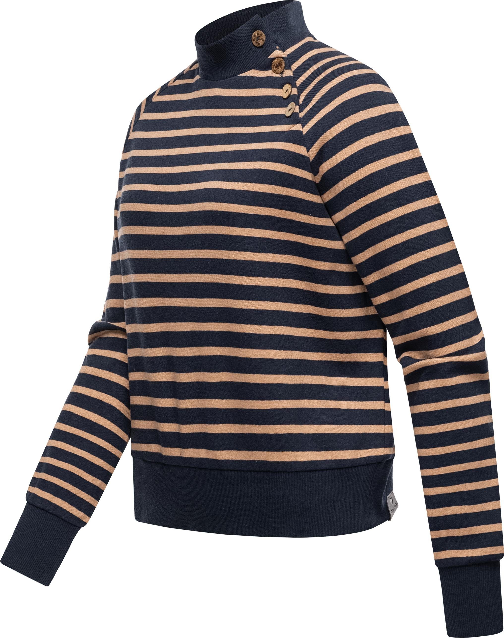 Ausschnitt Langarmshirt mit Stylisches und Majjorka Knöpfen Rippbündchen Sweatshirt mit Damen Streifen-Pullover Ragwear Zierknöpfen, am Toller