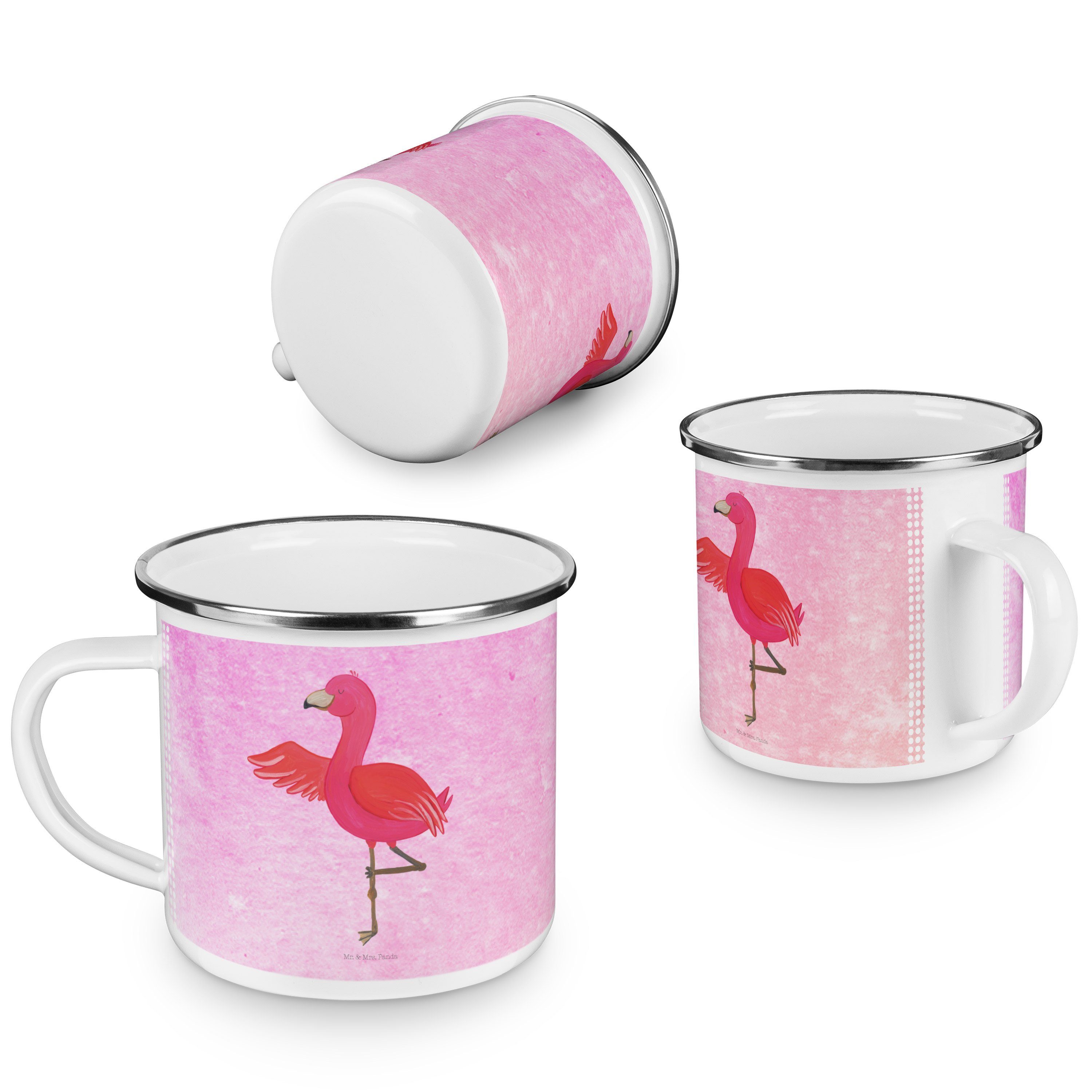 Flamingo Mr. Achtsamk, Geschenk, & Blechtasse, Becher - Aquarell Pink Yoga Emaille Mrs. - Kaffee Panda