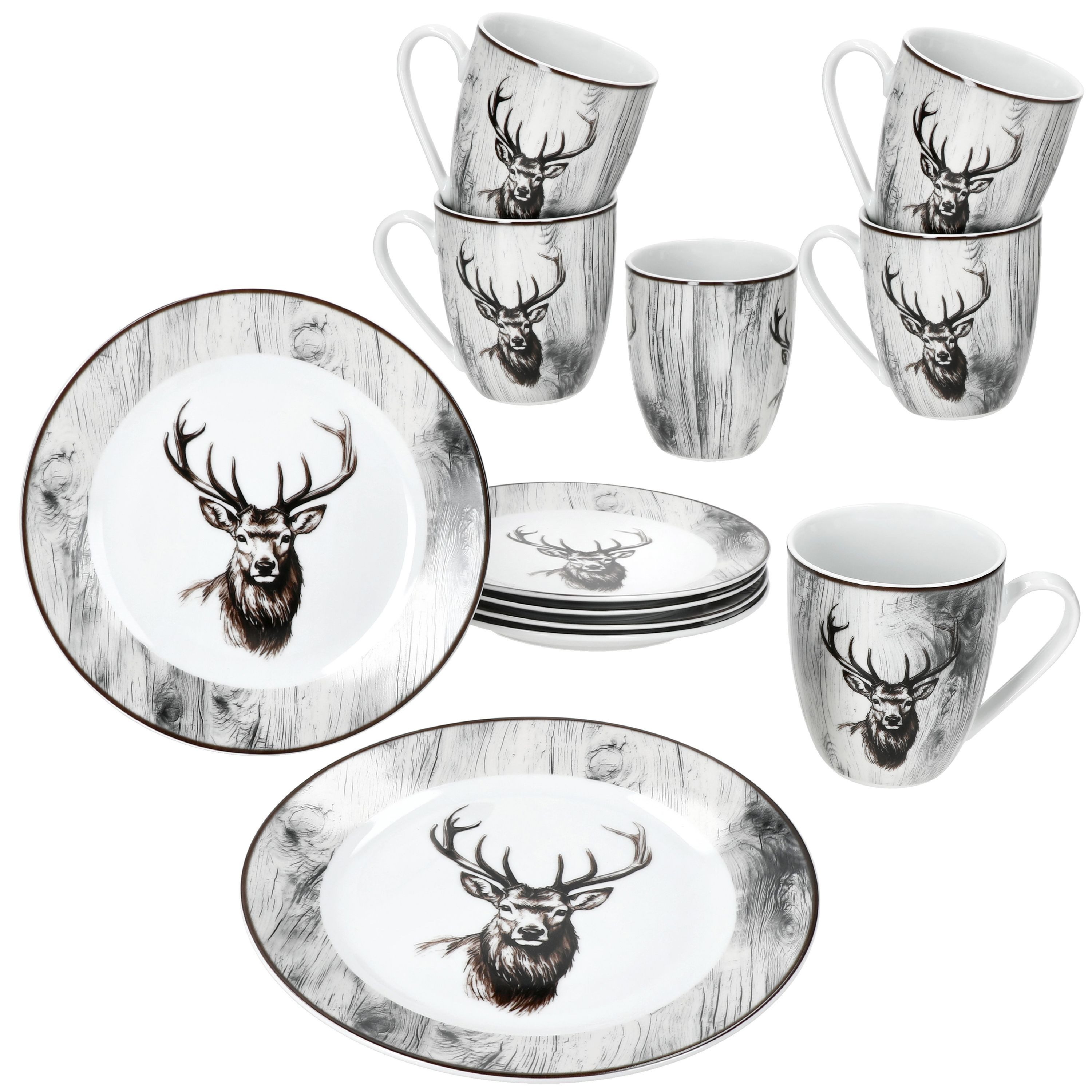 MamboCat Kaffeeservice MamboCat Alois 12tlg Frühstücksset Hirsch Kaffeebecher Teller Landhaus, Porzellan