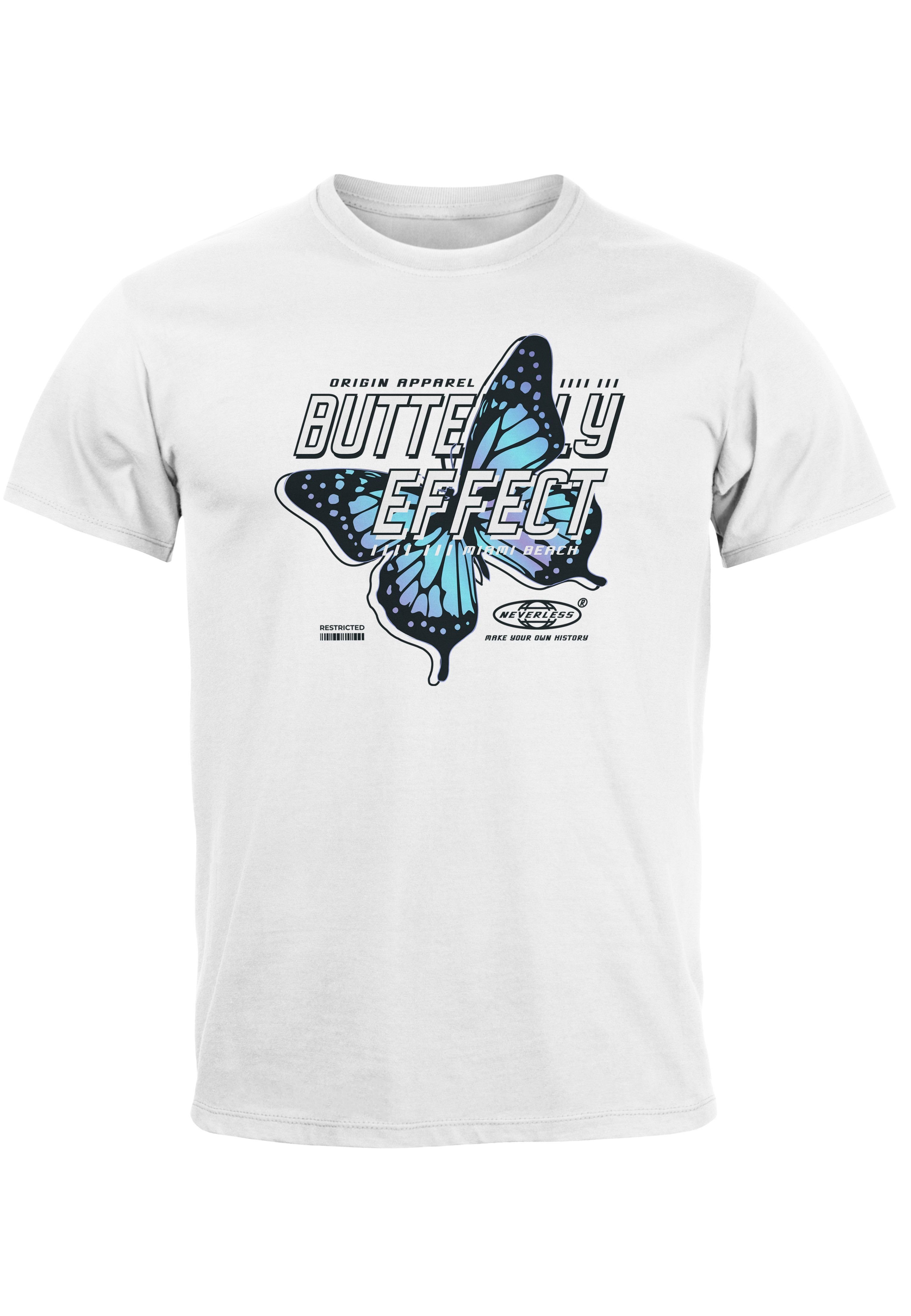 T-Shirt Schriftzug Schmetterling Neverless Effect Print-Shirt Herren Bedruckt mit Butterfly Fash Print weiß