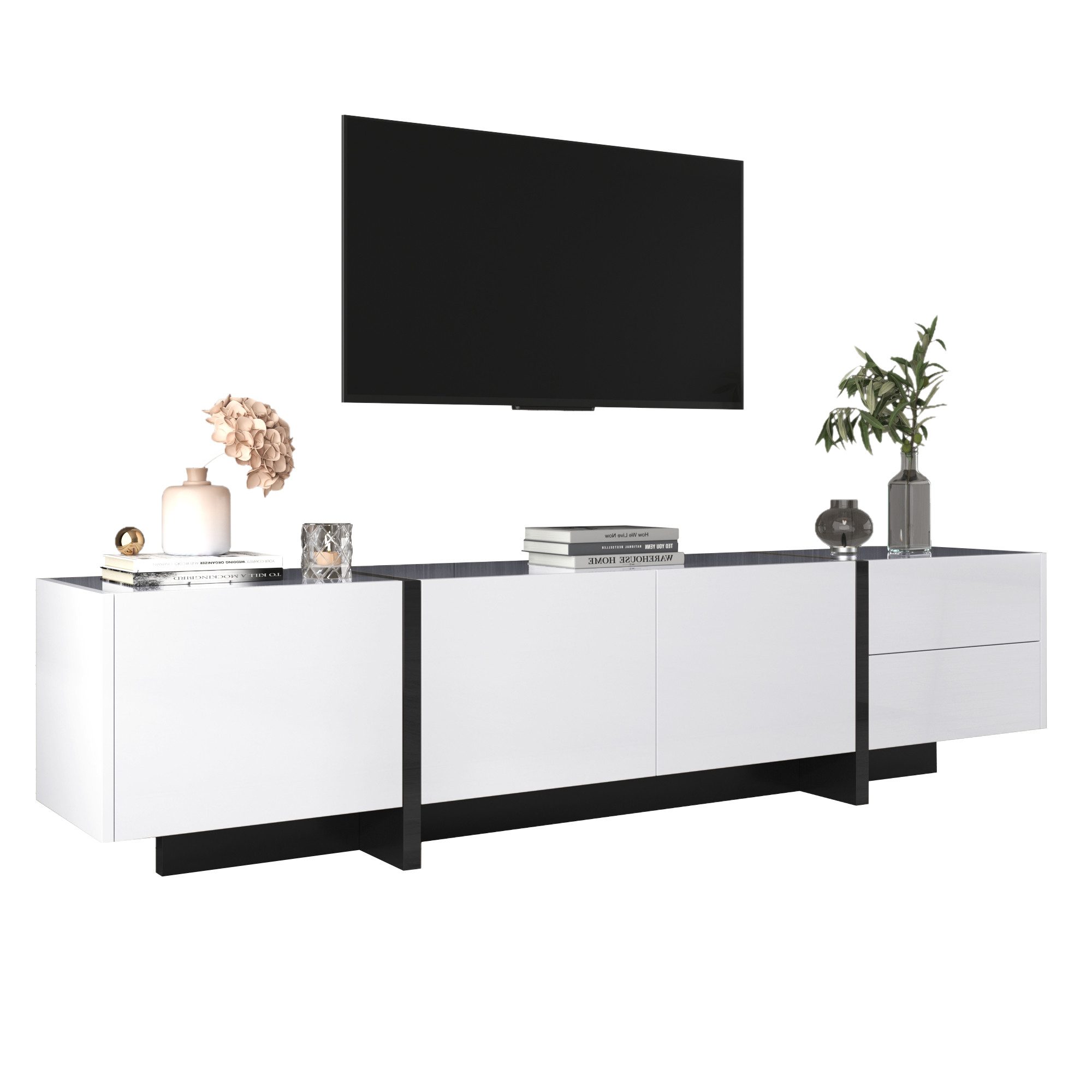 TV-Schrank TV Möbel lowboard Panel farbblockierten Beinen Hochglanz Weiß