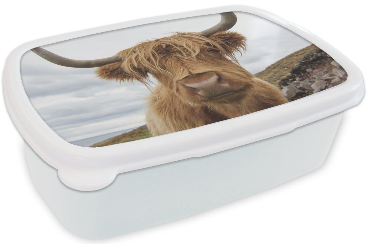 MuchoWow Lunchbox Schottischer Highlander - - Kunststoff, und Hörner Kinder für Brotdose, Mädchen und weiß Berg, (2-tlg), für Erwachsene, Jungs Brotbox