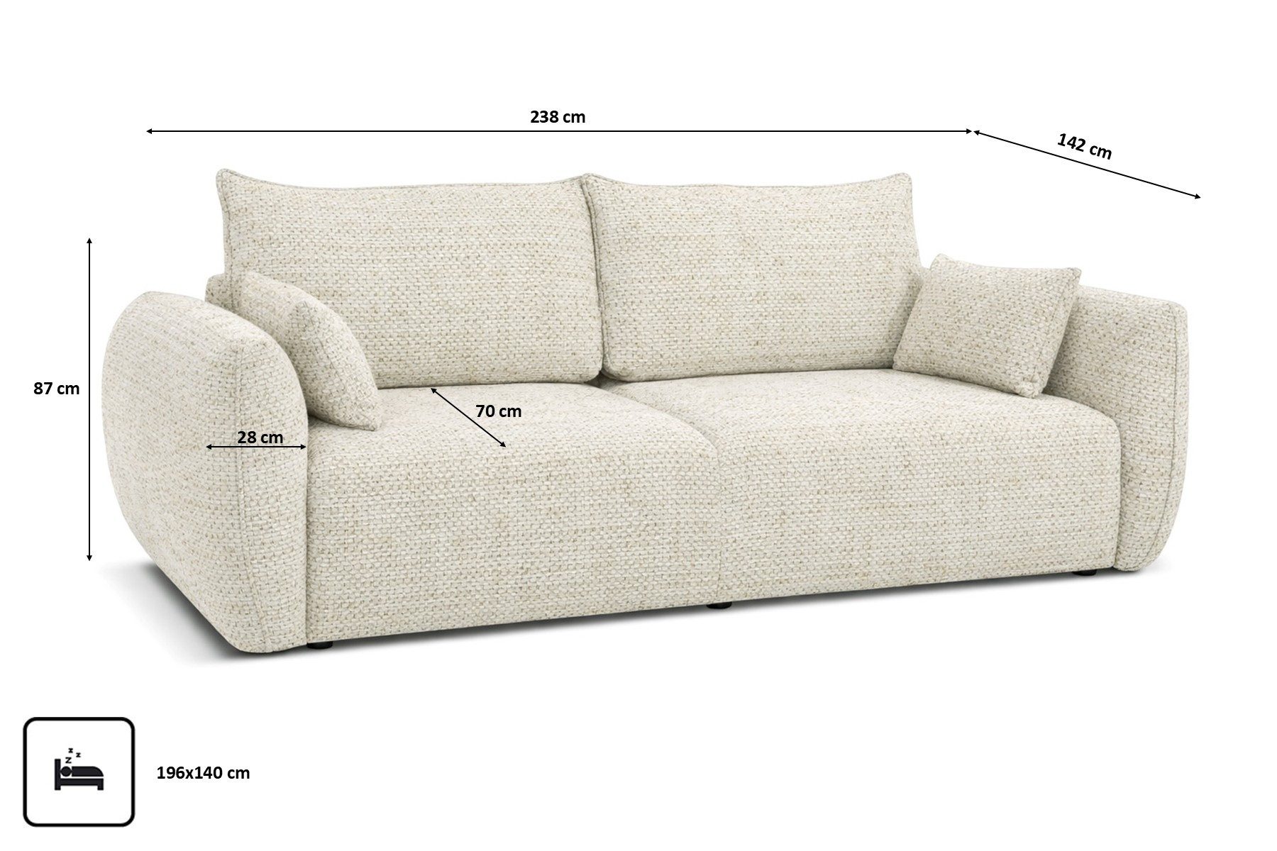 Kaiser Möbel Schlafsofa Sofa mit Schlaffunktion und Bettkasten, Chenille-Stoff Artico, Zephira, Einzelsofa, Integrierter Bettkasten aus weißer Möbelplatte