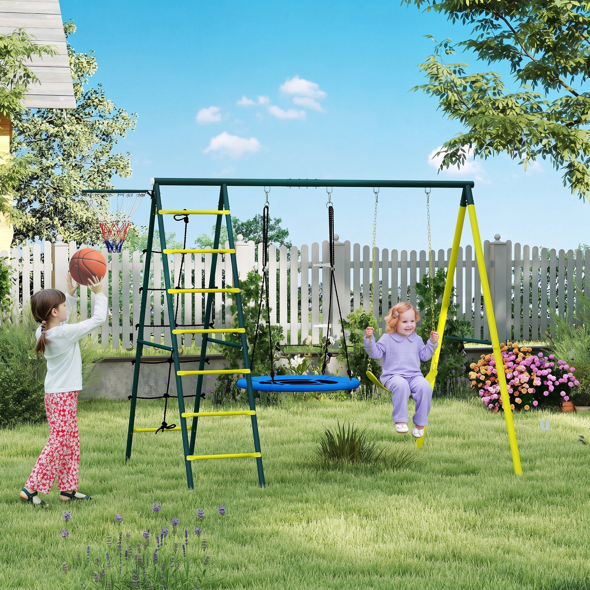 Outsunny Einzelschaukel 4-in-1 Schaukel, 2 Schaukeln, Basketballkorb, Kletterleiter, 160kg, (Schaukelgerüst, 1-tlg., Gartenschaukel), für Kinder 3-8 Jahre, Stahl, 2,67 x 1,8 x 2,02 m
