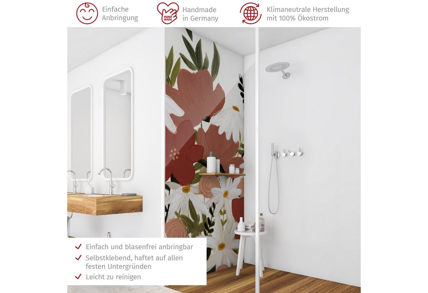 Thumbnail - Bilderdepot24 Badrückwand Blumen rot Duschrückwand ohne Bohren Dusche Motiv, (1-tlg., Hart-Folie Premium matt 0,61 mm), ...