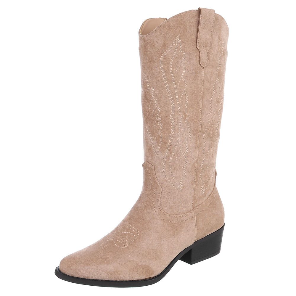 Ital-Design Damen Westernstiefel mit Blockabsatz und Stickerei Westernstiefel (92799624) Blockabsatz Flache Stiefel in Hellbraun