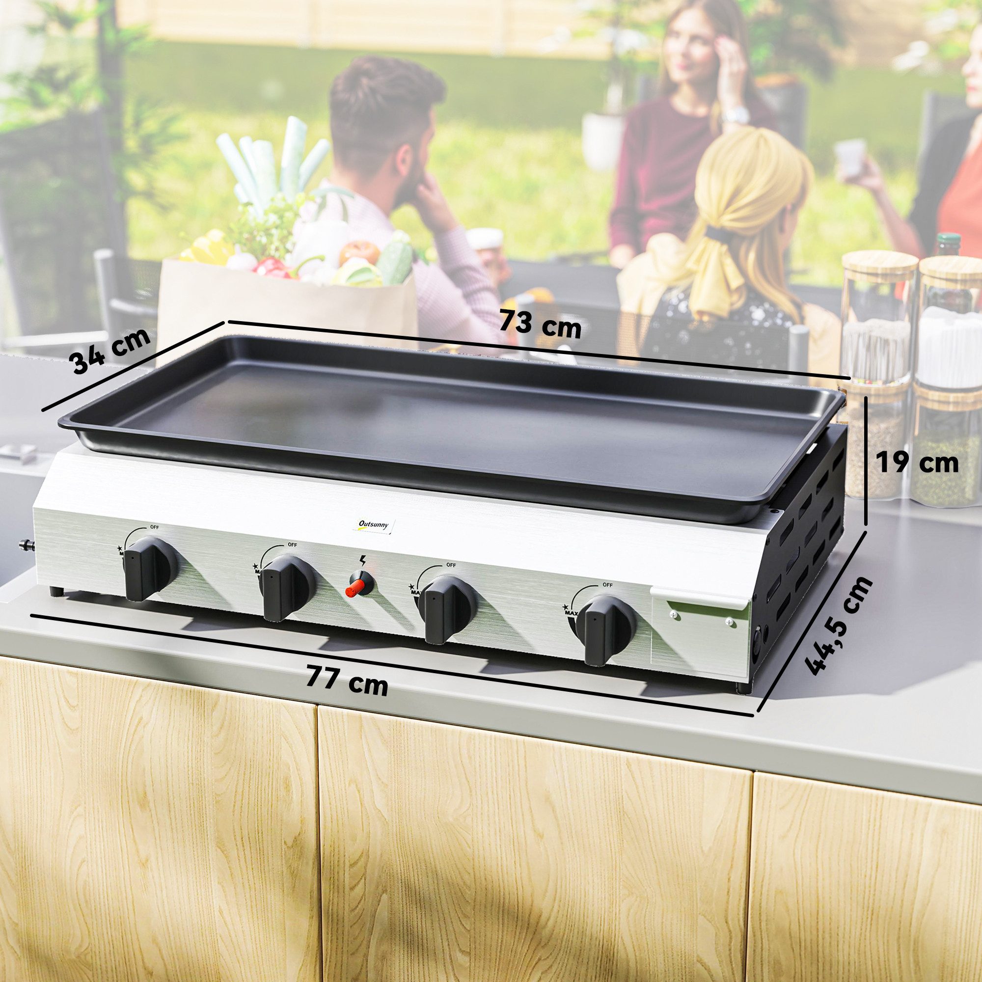 Outsunny Gasgrill Gasgrill, Grillwagen mit 4 Edelstahl-Brenner, verstellbare Beine, BBQ Gartengrill, 8000BTU,2,4 KW Grillwagen, für Balkon, Camping-Grill, 77 x 44,5 x 19 cm