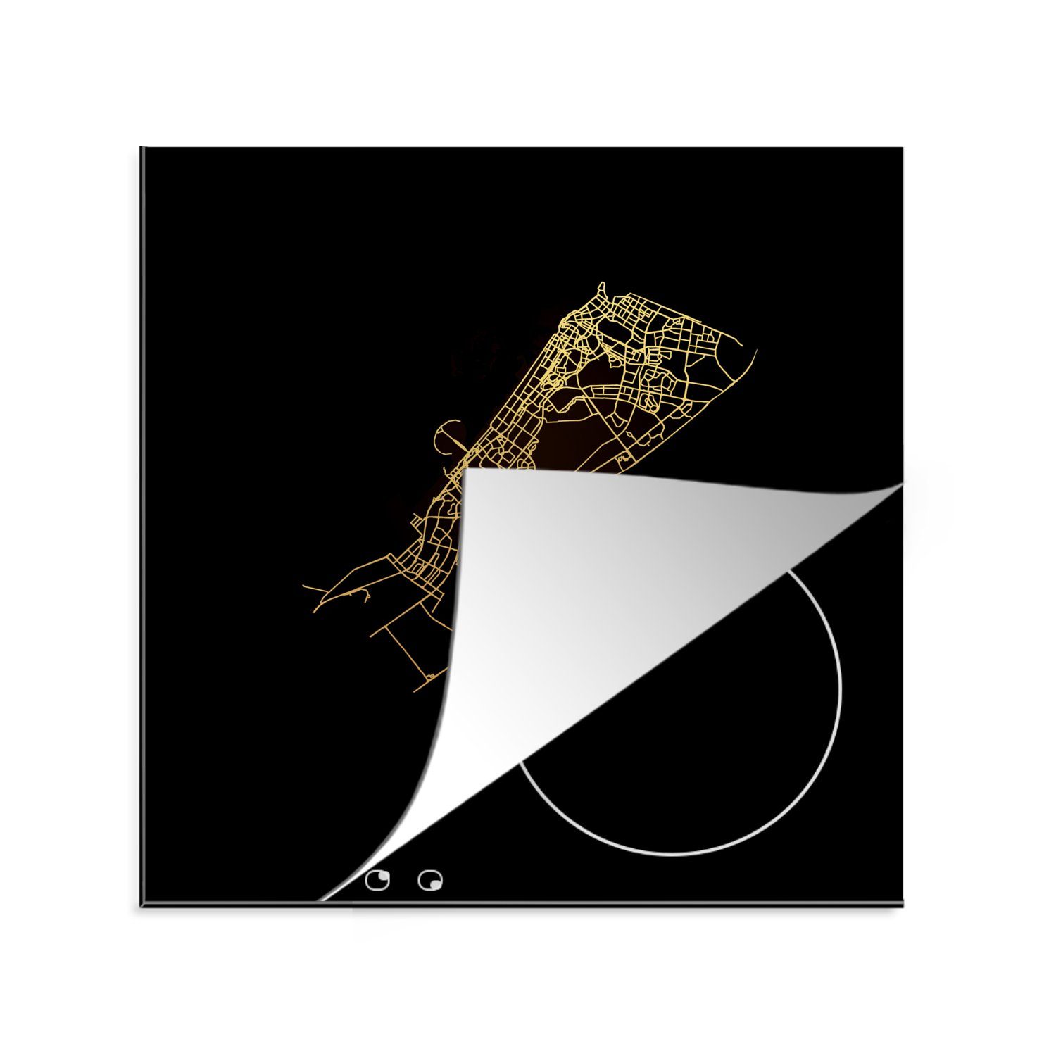 MuchoWow Herdblende-/Abdeckplatte Dubai - Gold - Stadtplan, Vinyl, (1 tlg), 78x78 cm, Ceranfeldabdeckung, Arbeitsplatte für küche | Herdabdeckplatten