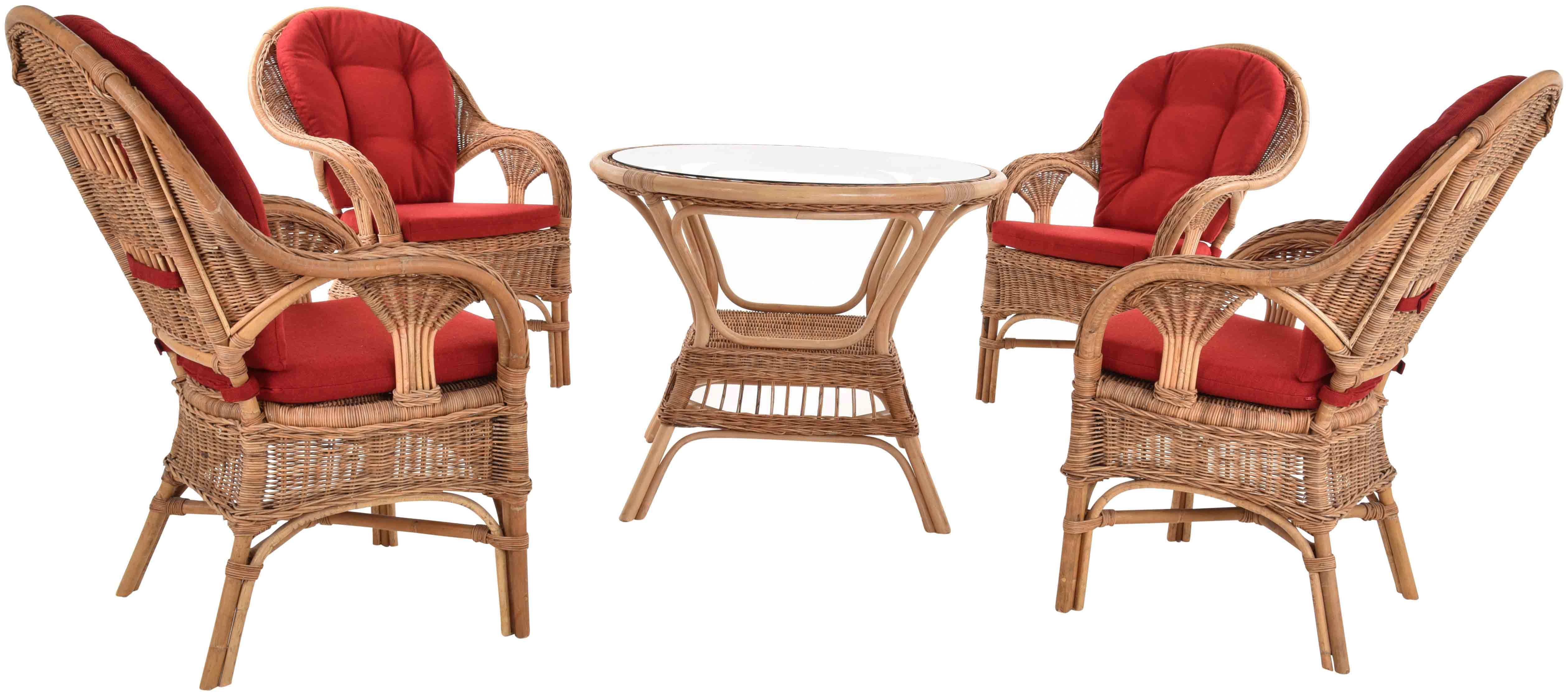 Krines Home Sitzgruppe Rattan Wintergartenset Palm Wintergarten Garnitur Natur Rattanset, (5-tlg., 4x Sessel, 1x Tisch mit Ablage unter der Glasplatte), Rattangruppe Rattanmöbel 5-teilig