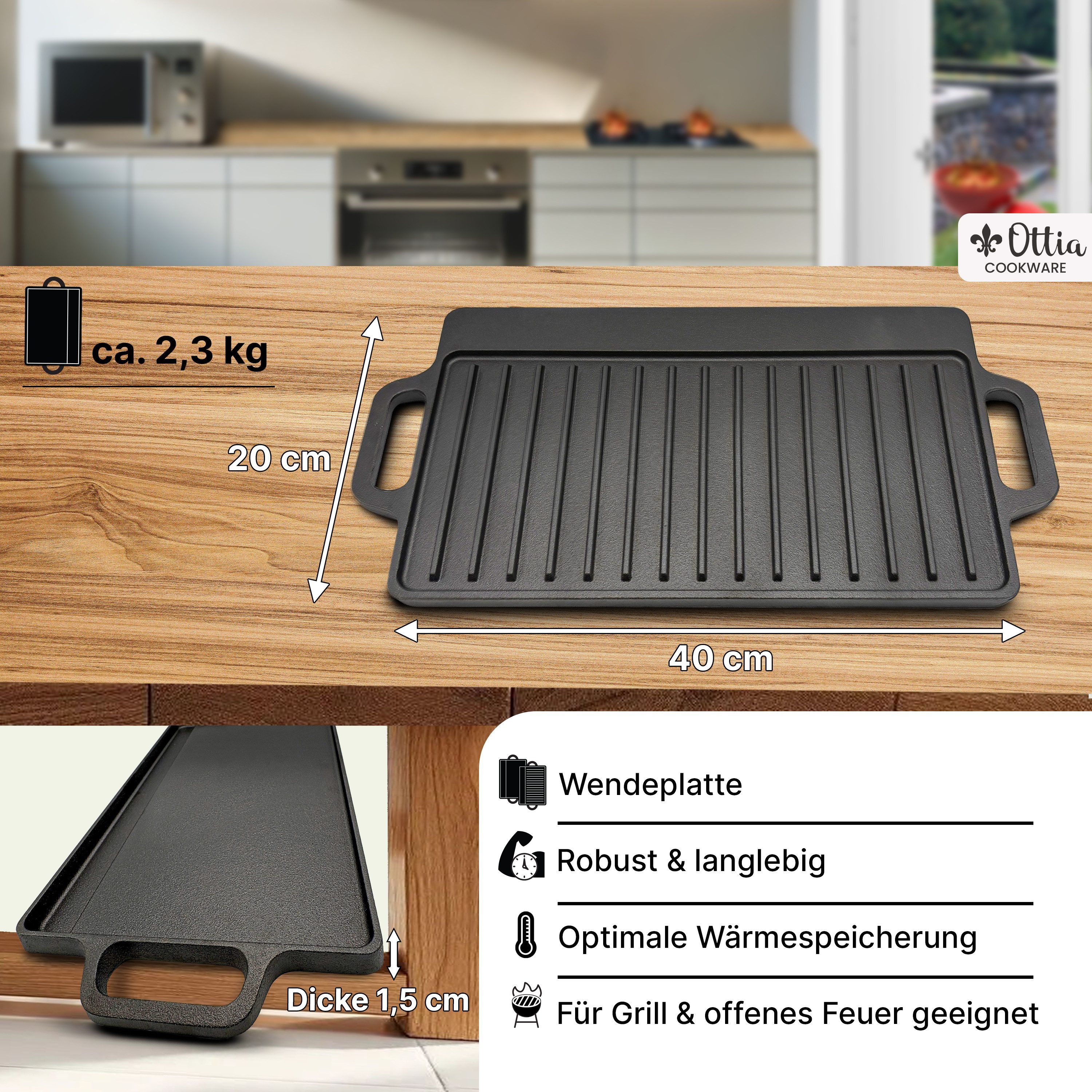 Ottia Grillplatte Grillplatte: Gusseiserne Wende-Grillplatte für Ofen, Herd und Grill (kein Set), Gusseisen für optimale Hitzespeicherung