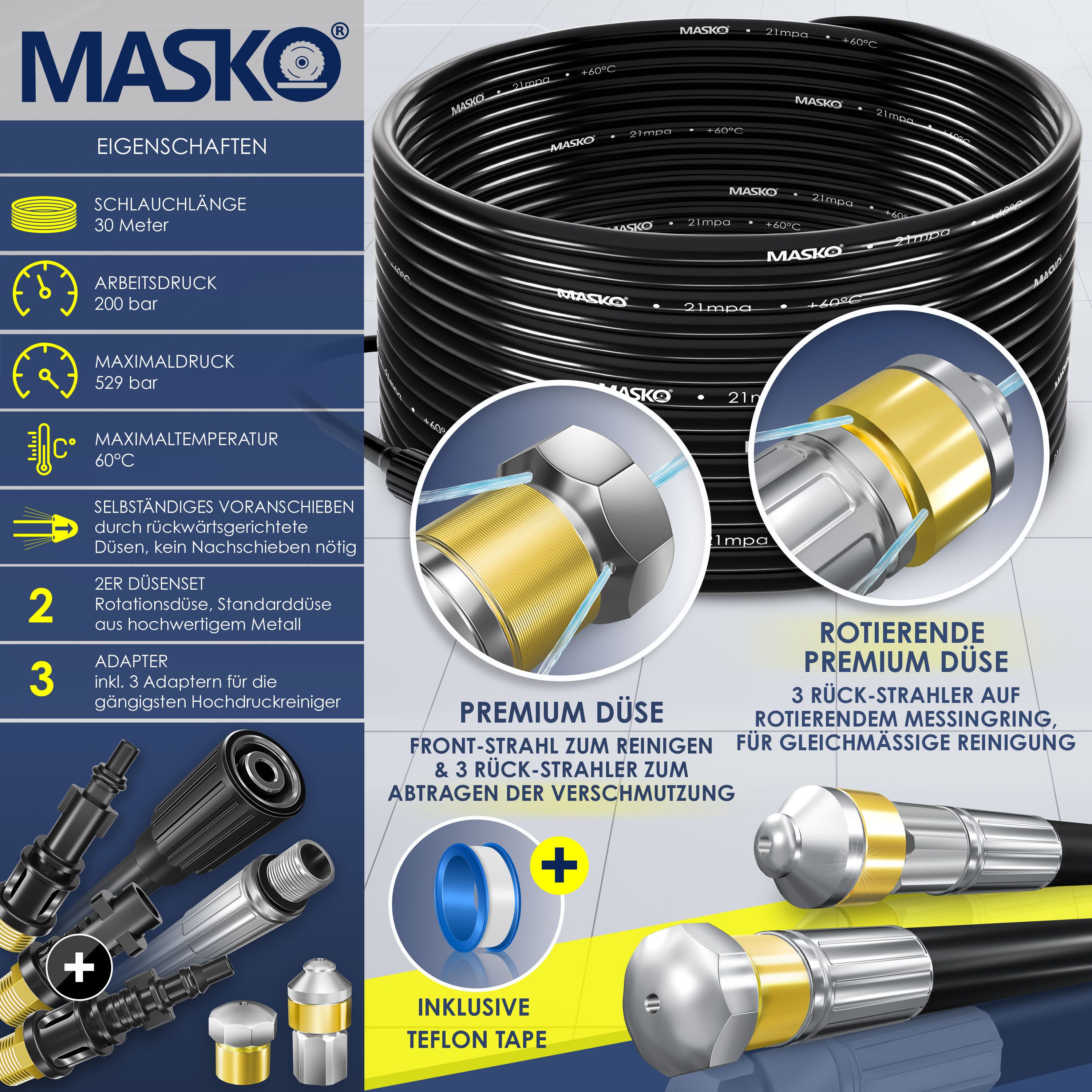 MASKO Hochdruckschlauch Premium Rohrreinigungsschlauch-Set, Rohrreinigungsschlauch mit 3 Adapter und 2 Düsen