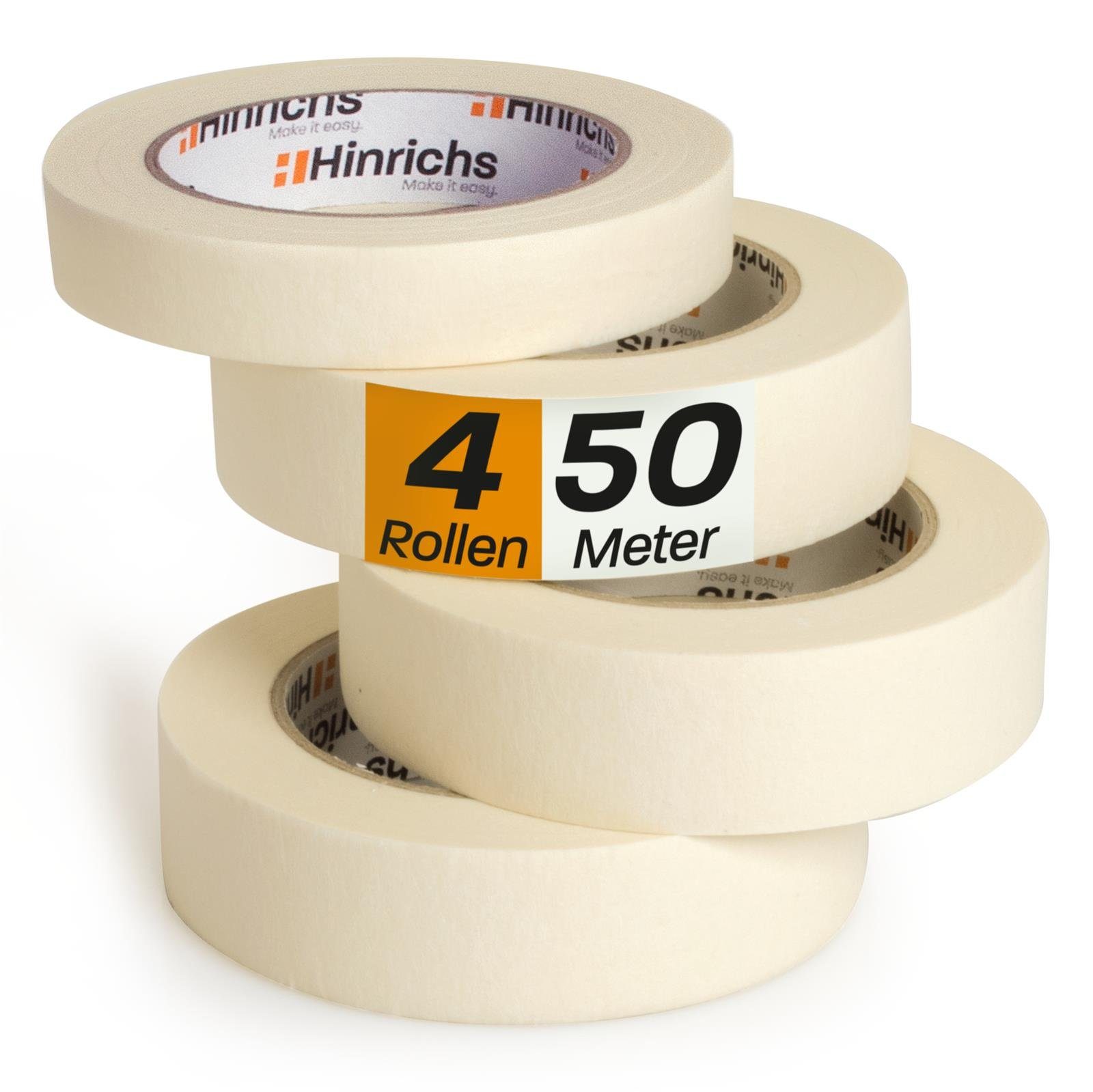 Hinrichs Klebeband 4 x Kreppband 3 Rollen 50 m x 30 mm plus 1 Rolle 50 m x 20 mm - Malerkrepp für sauberes Abkleben