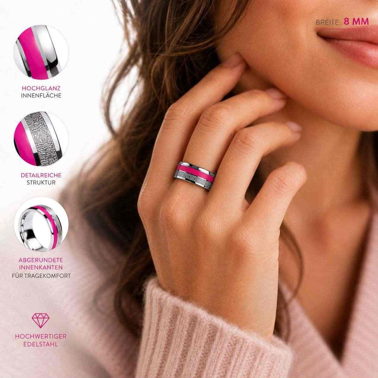 Taffstyle Fingerring Damenring Edelstahl Pink Epoxy hochglanzpoliert Verlobungsring (Moderner Damenring aus hochwertigem Edelstahl mit pinkfarbener Einlage, glänzender Oberfläche und detailreicher Struktur – 8 Millimeter breit)