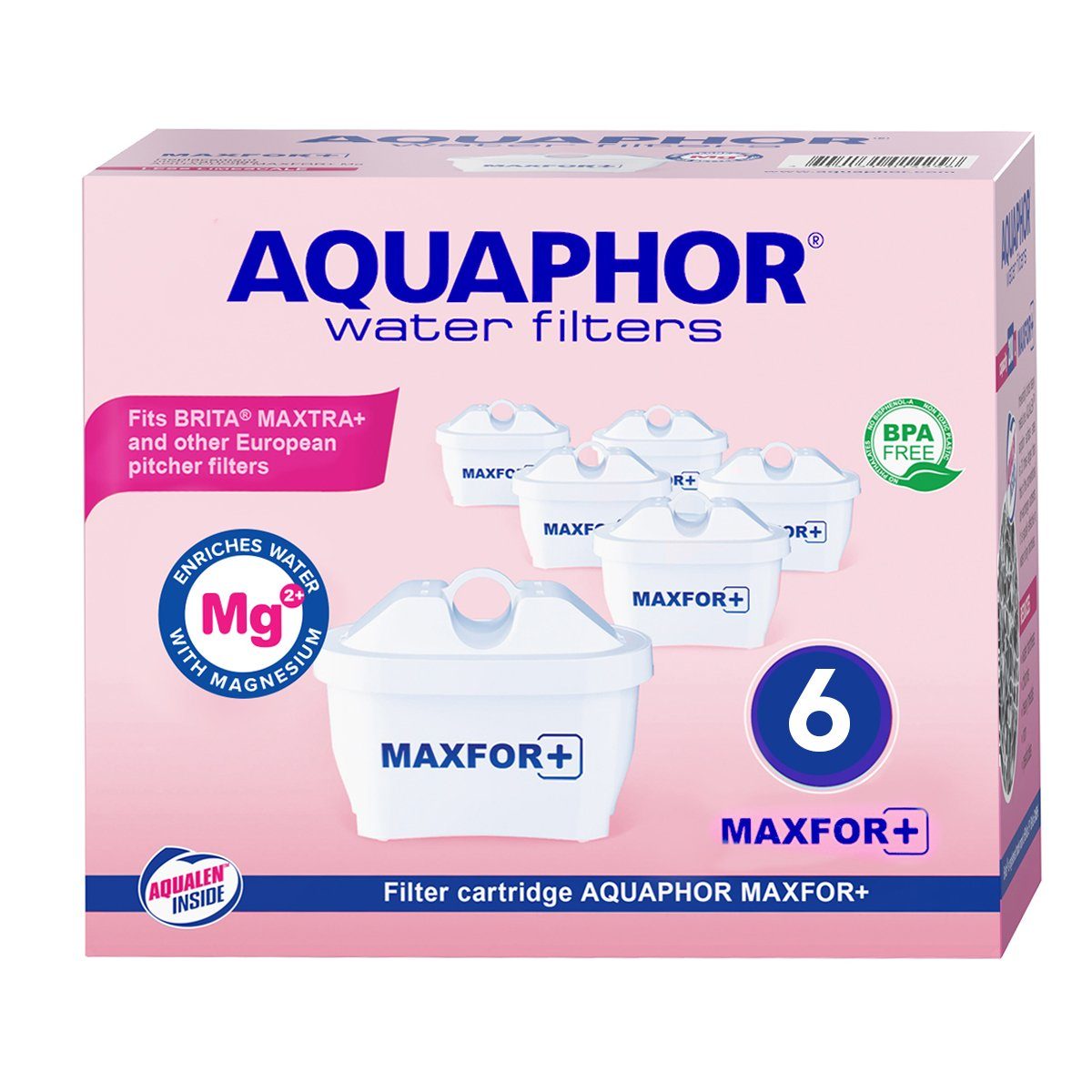 AQUAPHOR Kalk- und Wasserfilter MAXFOR+ mit Magnesium, Pack 6 - gegen Kalk, Chlor & weitere Stoffe, Zubehör für AQUAPHOR Modellen Onyx und Jasper als auch Amethyst sowie mit vielen weiteren Tischwasserfiltern anderer Hersteller, AQUALEN Technologie. Bis zum 200 L. Kapazität., BPA frei