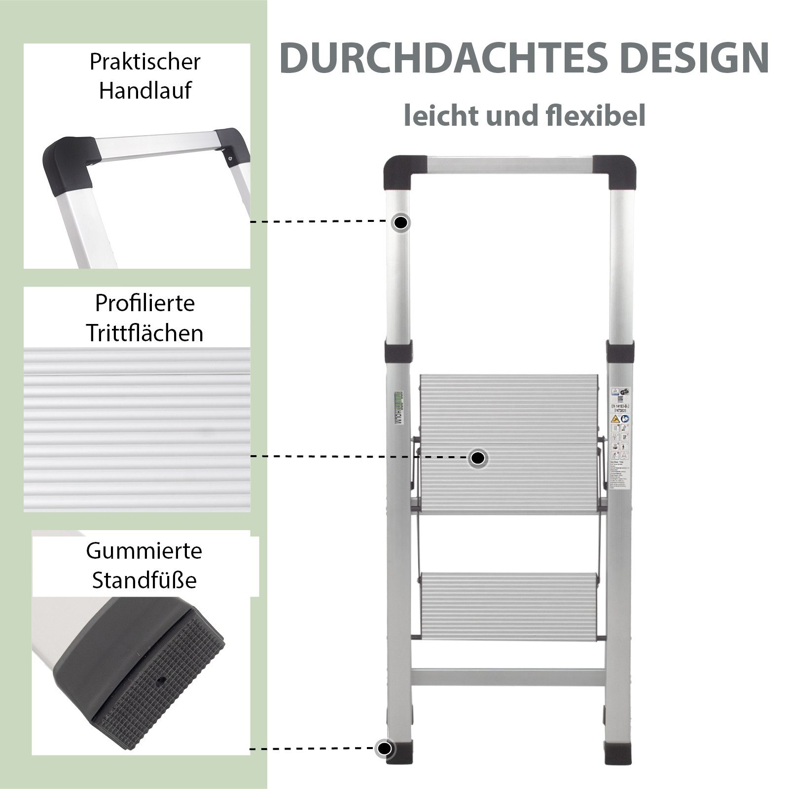 TRUTZHOLM Trittleiter Aluminium 2-stufig silber klappbar mit Handlauf bis 150 kg TÜV GS, Klappbar, platzsparend, leichtgewichtig – Bild 4 von 5