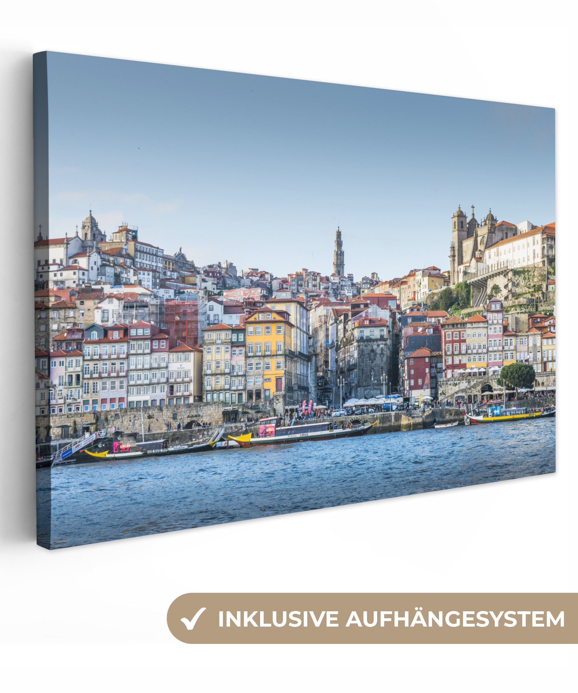 OneMillionCanvasses® Leinwandbild Fluss - Boote - Porto, (1 St), Wandbild Leinwandbilder, Aufhängefertig, Wanddeko, 30x20 cm