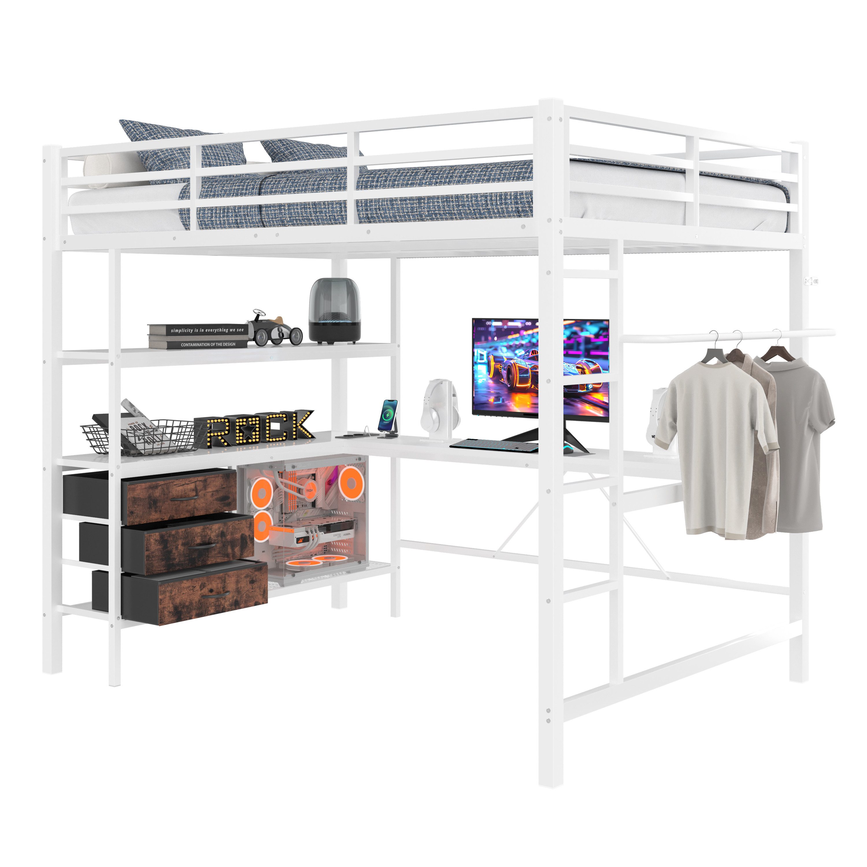 OKWISH Hochbett Funktionsbett,Einzelbett,Jugendbett,Kinderbett,Stauraumbett (Hochbett 90x200 cm mit Ambientelicht, Schreibtisch, USB-Steckdose, 3 Schubladen & Regalen, Sicherheitsgeländer, Treppe) ohne Matratze