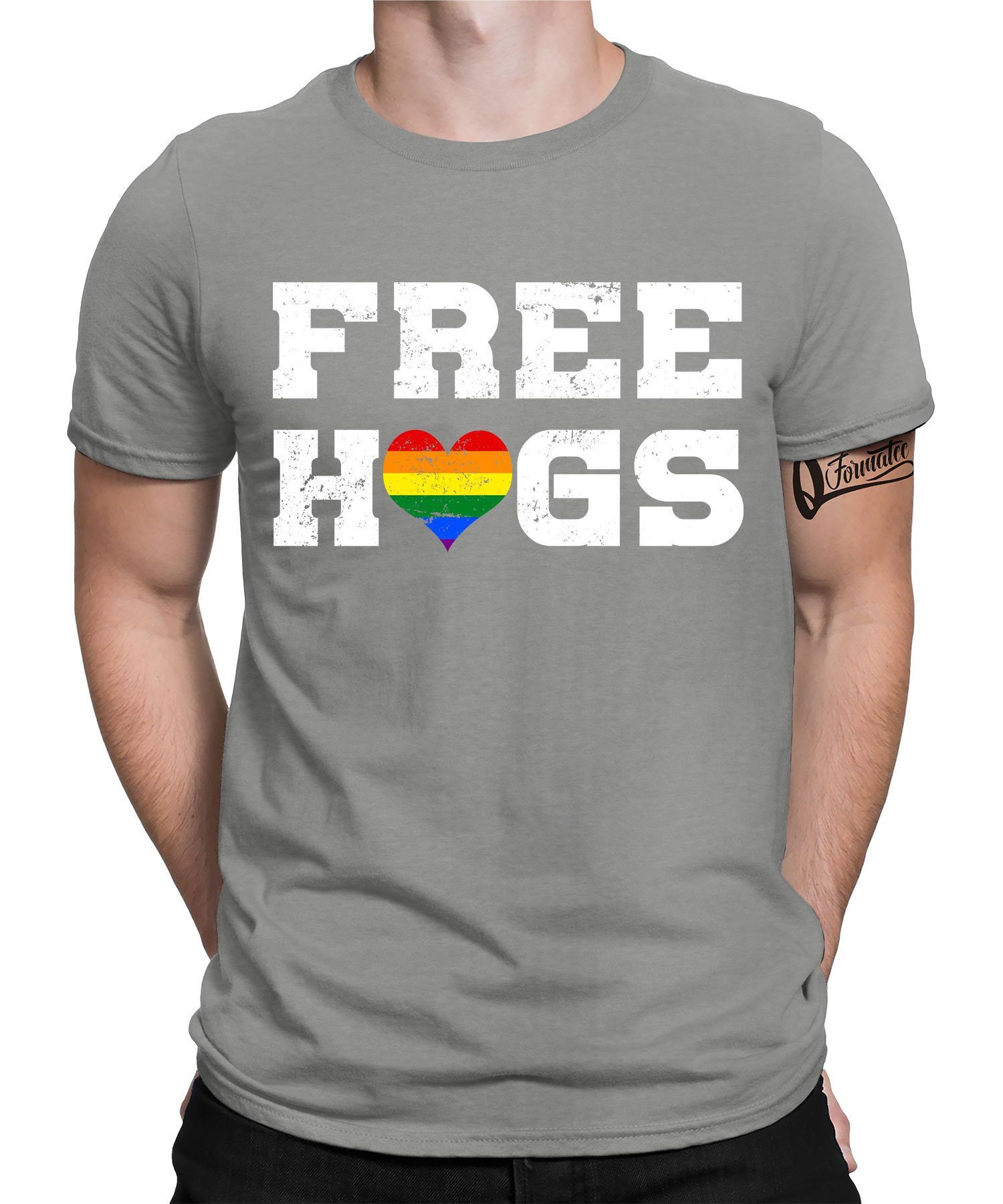 Quattro Formatee Kurzarmshirt Free Hugs - Stolz Regenbogen LGBT Gay Pride Herren T-Shirt (1-tlg) Heather Grau