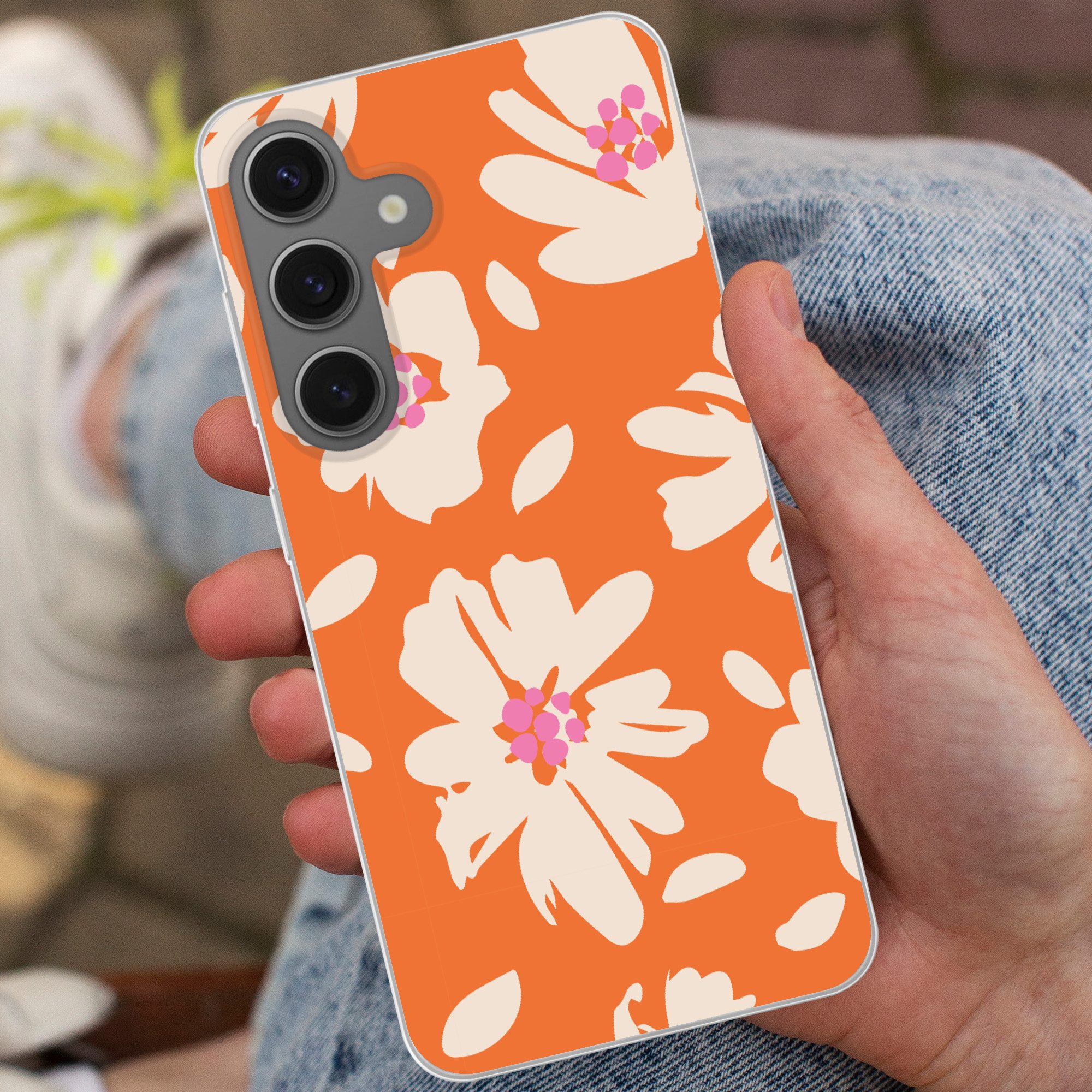 MuchoWow Handyhülle für Samsung Galaxy S25 Blumen - Orange - Beige - Rosa - Abstrakt, Phone Case, Silikon, Schutzhülle Dünn