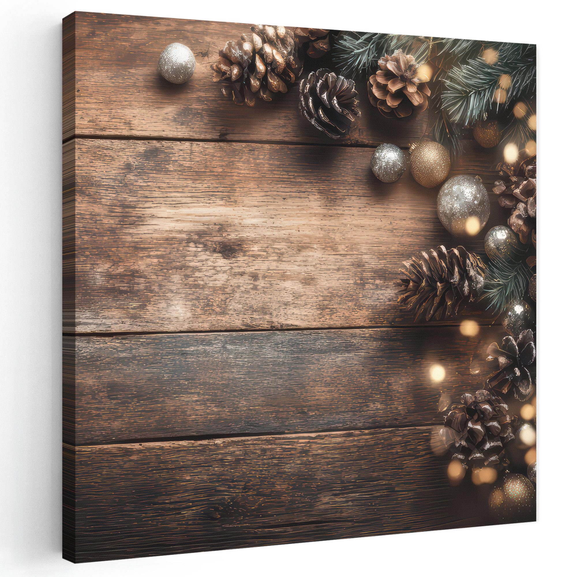 OneMillionCanvasses® Leinwandbild Weihnachts-Eckdekoration - Tannenzapfen - Lichter, Fotodruck (1 St), Wandbild, Deko Schlafzimmer Wohnzimmer Flur 20x20 cm