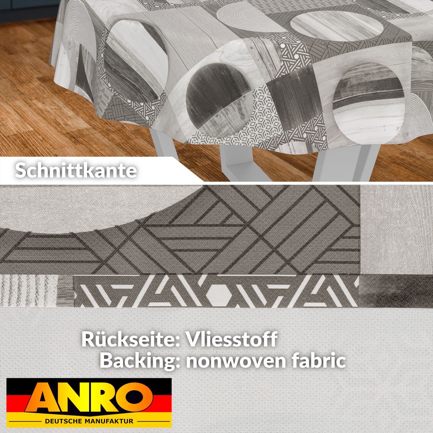 ANRO Tischdecke Wachstuch abwaschbar Holz Patchwork Tischwäsche (Einzelstück 1-tlg), wasserabweisend pflegeleicht Vintage Grau Rund 120cm