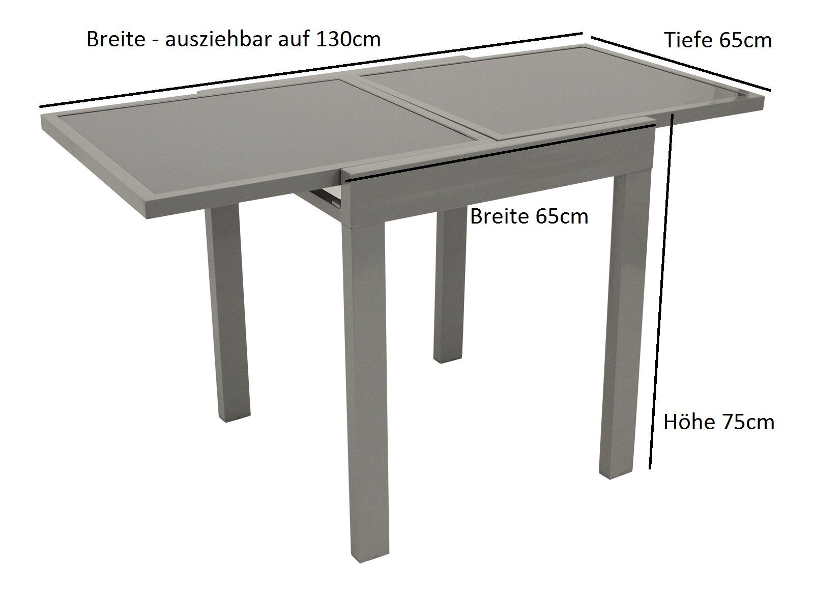 (1-St), AMALFI Aluminium + DEGAMO 130cm, silber ausziehbar Glas 65x65cm, Gartentisch auf dunkelgrau