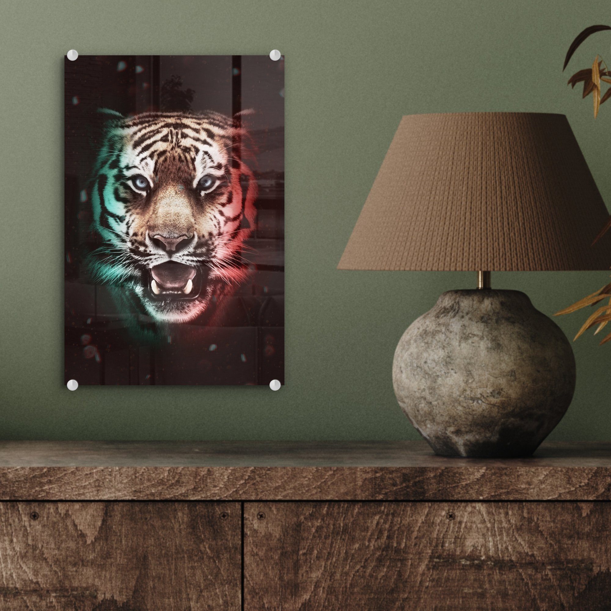 Jäger, auf Bunt St), - Tiger Glas - Glasbilder (1 auf - - Glas Wanddekoration Foto Acrylglasbild MuchoWow Bilder - Wandbild