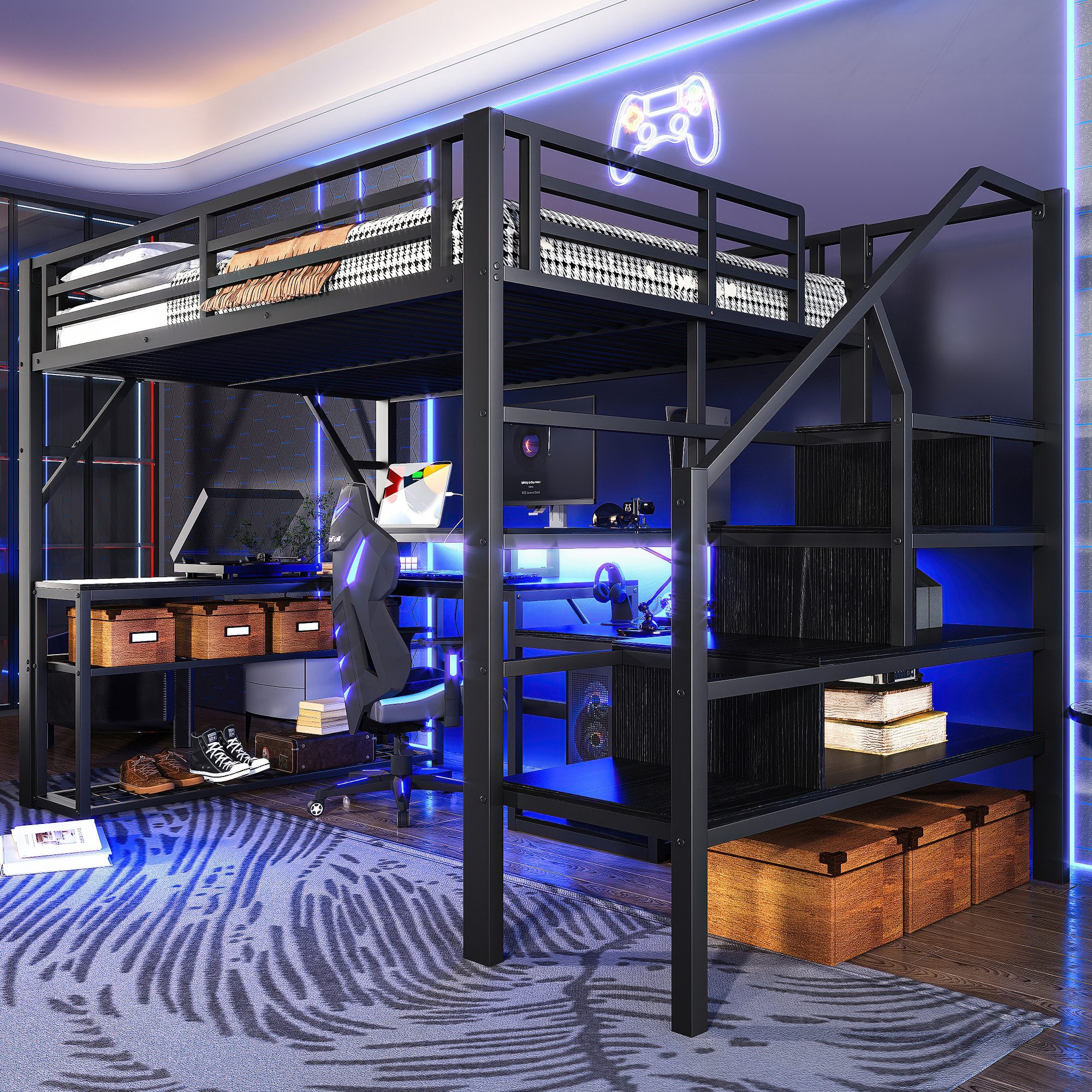 Merax Hochbett mit LED und USB (Jugendbett Einzelbett Metallbett, 1-St) Kinderbett 140x200cm mit Schreibtisch, Treppe, Loftbett & Stauraum