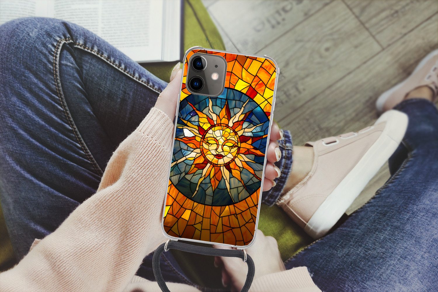 MuchoWow Handyhülle für Apple iPhone 12 Mini Mosaik - Sonne - Gelb - Kreis, Tragbare Handyhüllen mit Kette zum umhängen, Handykette Handyband