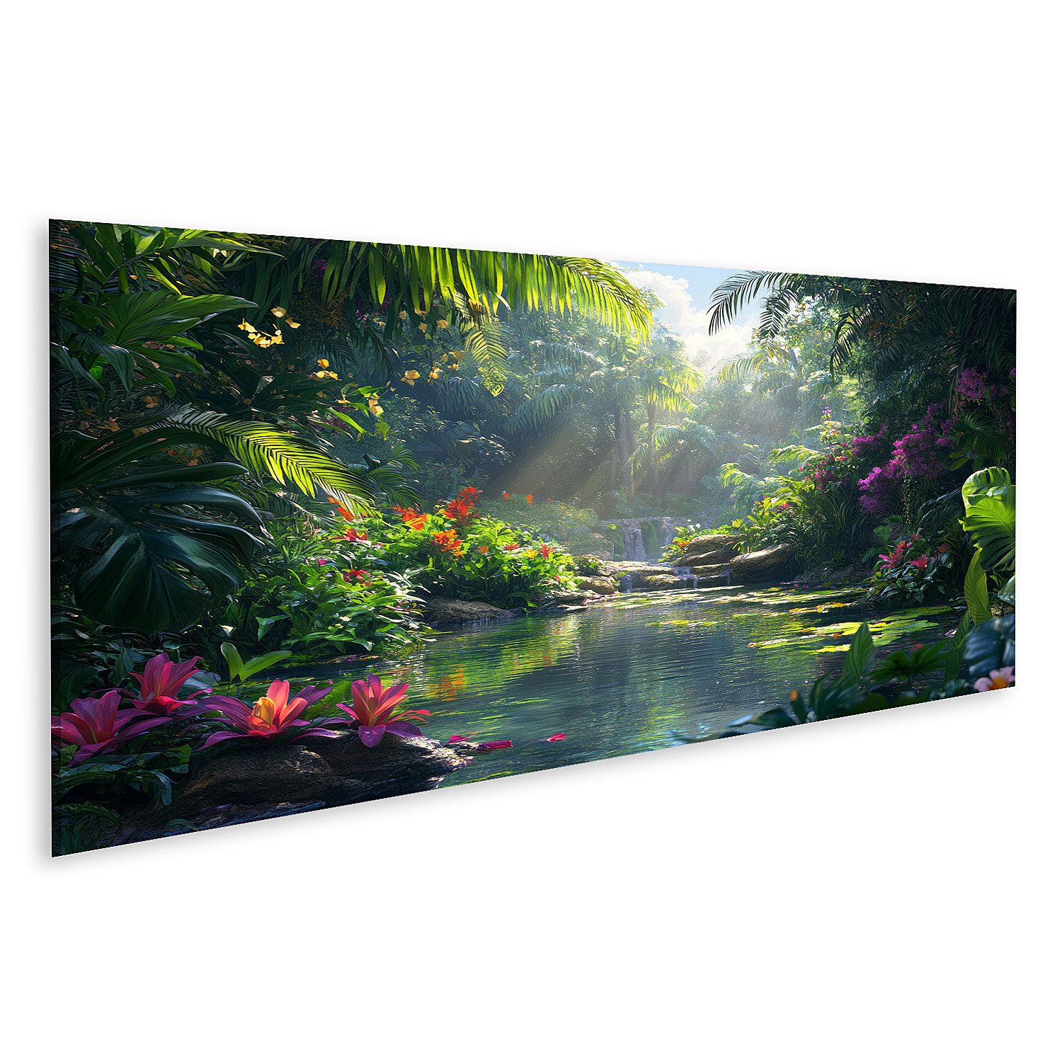 islandburner Leinwandbild, Tropischer Dschungel mit Wasserfall und Blumen