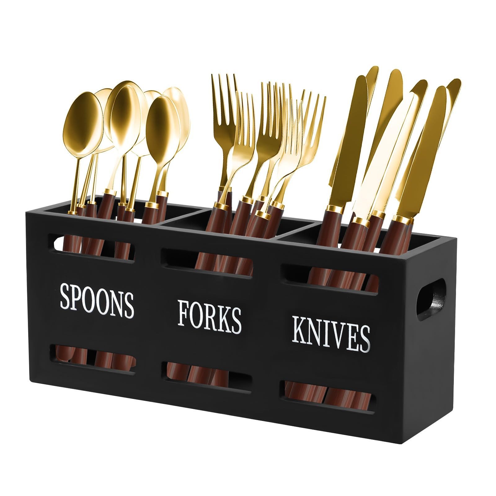 BlingBin Besteckhalter Utensilienhalter aus Holz, küchenutensilienhalter Utensilien-Organizer, (1er Set, 1-tlg., Holz-Utensilienbehälter mit 3 Fächern, 25,4 x 11,5 x 8,6 cm), Aufbewahrungsbehälter, Besteckhalter, für Messer, Gabel und Löffel