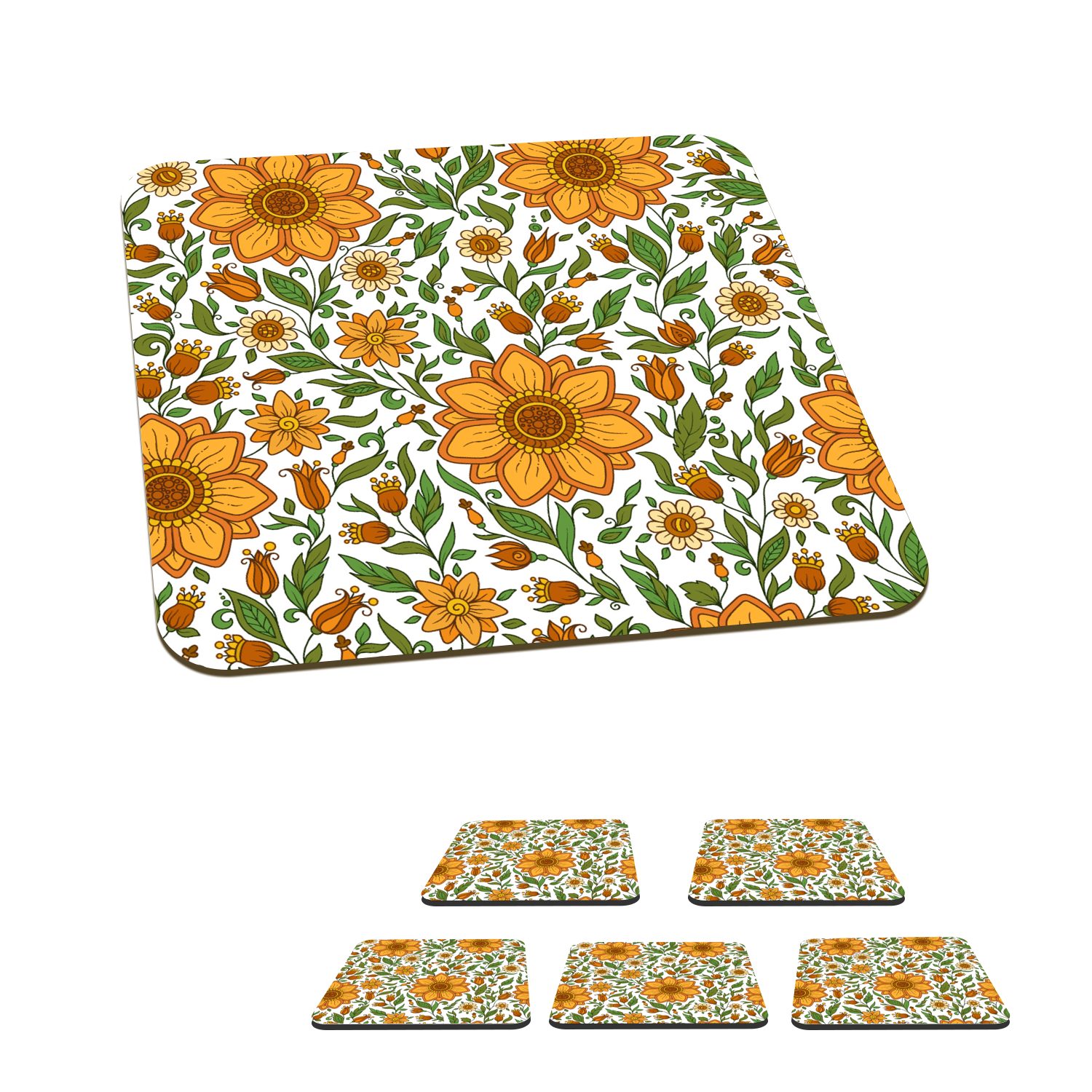 MuchoWow Glasuntersetzer Blumen - Orange - Design, Zubehör für Gläser, 6-tlg., Glasuntersetzer, Tischuntersetzer, Korkuntersetzer, Untersetzer, Tasse